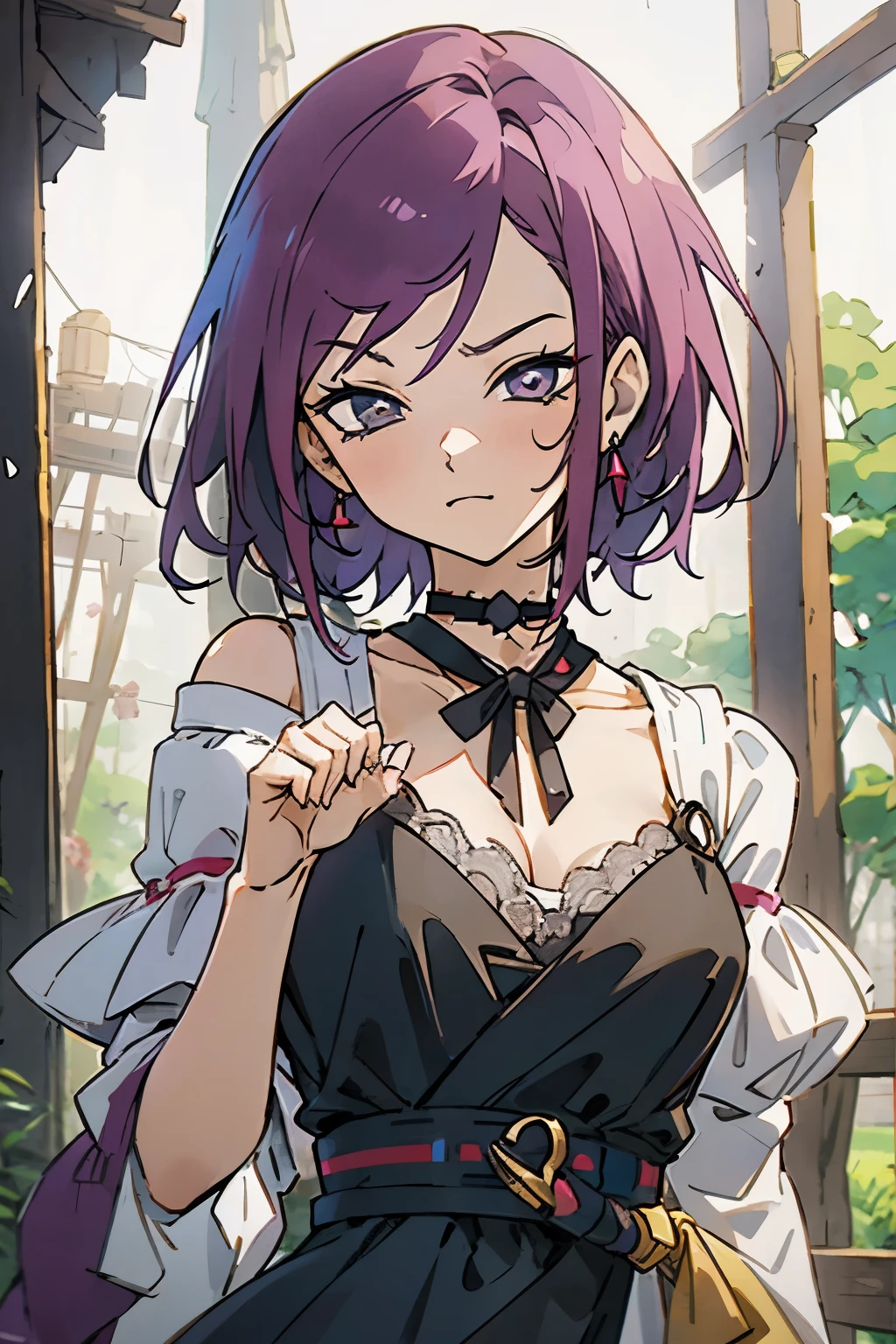 masutepiece, Best Quality, Ultra-detailed, kisho, jigokuraku, 1 girl, reddish Purple hair, Gray eyes, showa town, fantasy world, ruins, fort, beautiful sky, shining sky, sunshine, waving, hair ribbon, belt, choker, black choker, wind blowing dress, lace dress, earrings, off-shoulder sleeves, wool sweaters, Chest exposure, Lace underwear, metamorphosis is exposed, both hands, perfect fingers, five fingers, beautiful eyes