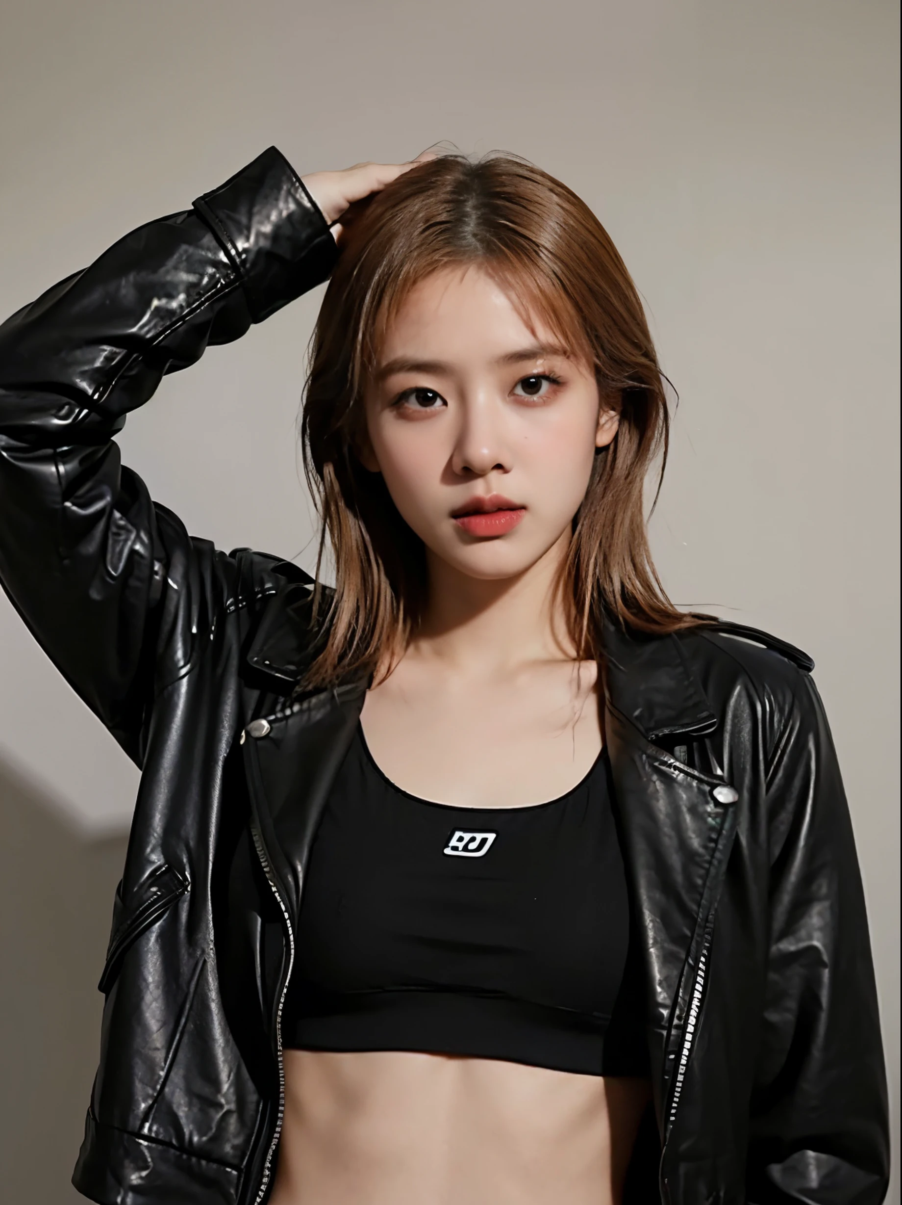 (8k、RAW Photos、top-quality、​masterpiece:1.2)、(realistic Photo-realsitic:1.37)、1girl in、japanese, 18-years old, (flipping her jacket to show armpit:1.5), face lights, Detailed face、Detailed lips, (wearing a black faux leather jacket over sports bra:1.5), (partially-exposed right armpit:1.2), slight trace of nipples behind bra, 