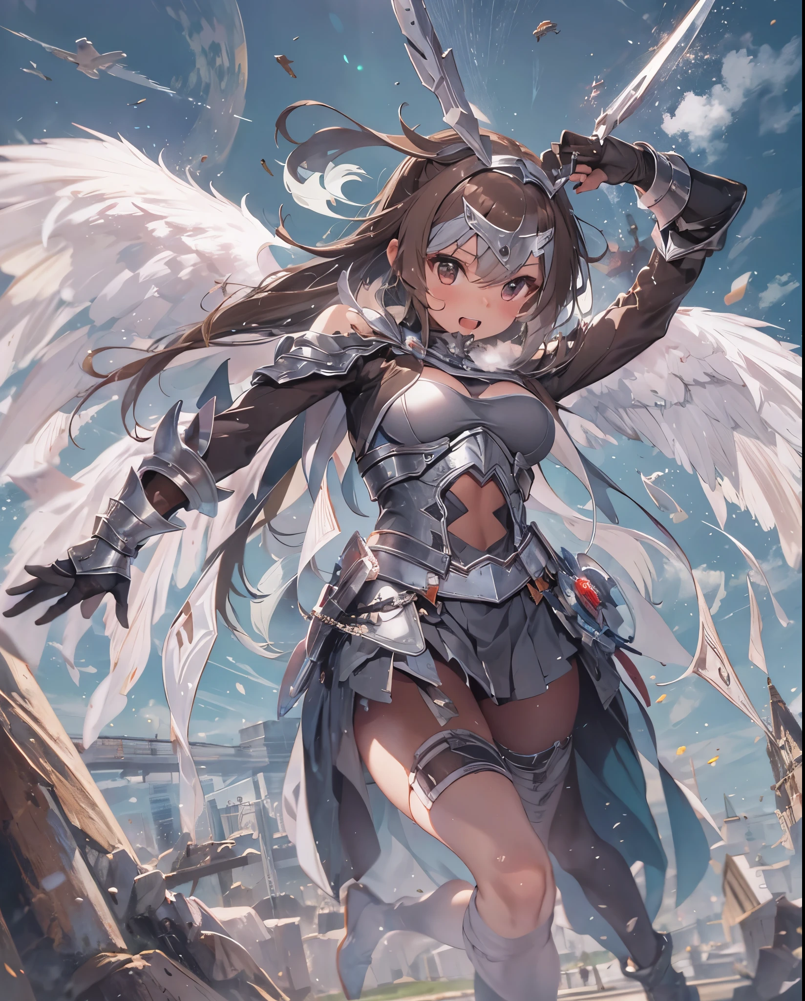 fantasy, 1angel_girl,(young_teen:1.5), ,brown_hair, medium_bob_hair, long_bangs, halo,bare_shoulder,thighhighs,silver_armor, waist_armor, large_breasts,angry,grinning,open_mouth_teeth, 1pair_wings, dynamic_pose_fighting,floating, bare_crotch, headgear,gauntlet, greaves,city_background,slightly_spread_legs, solo, groin_naked,