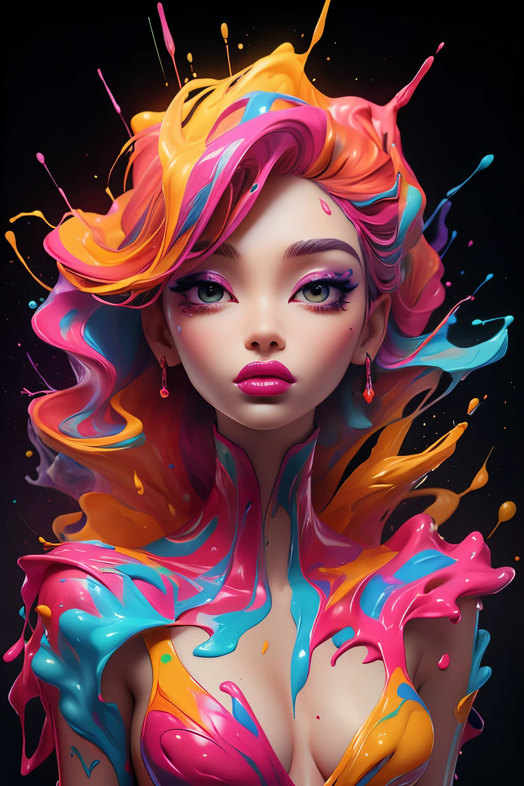 (masterpiece, top quality, best quality, official art, abstract aesthetics),alone,(1 girl),(Upper body|whole body),A woman wearing colorful lipstick,Psychedelic dripping colors,small breasts,best behavior,inspired by Alberto Seveso,Smooth digital artwork,Performance Art,Stunning digital art,Beautiful acrylic fluid portrait,cgsociety saturated color,realistic digital art,pop digital art,Surrealist digital artwork,shiny numbers,Sophisticated digital fashion photography,ultra high definition,