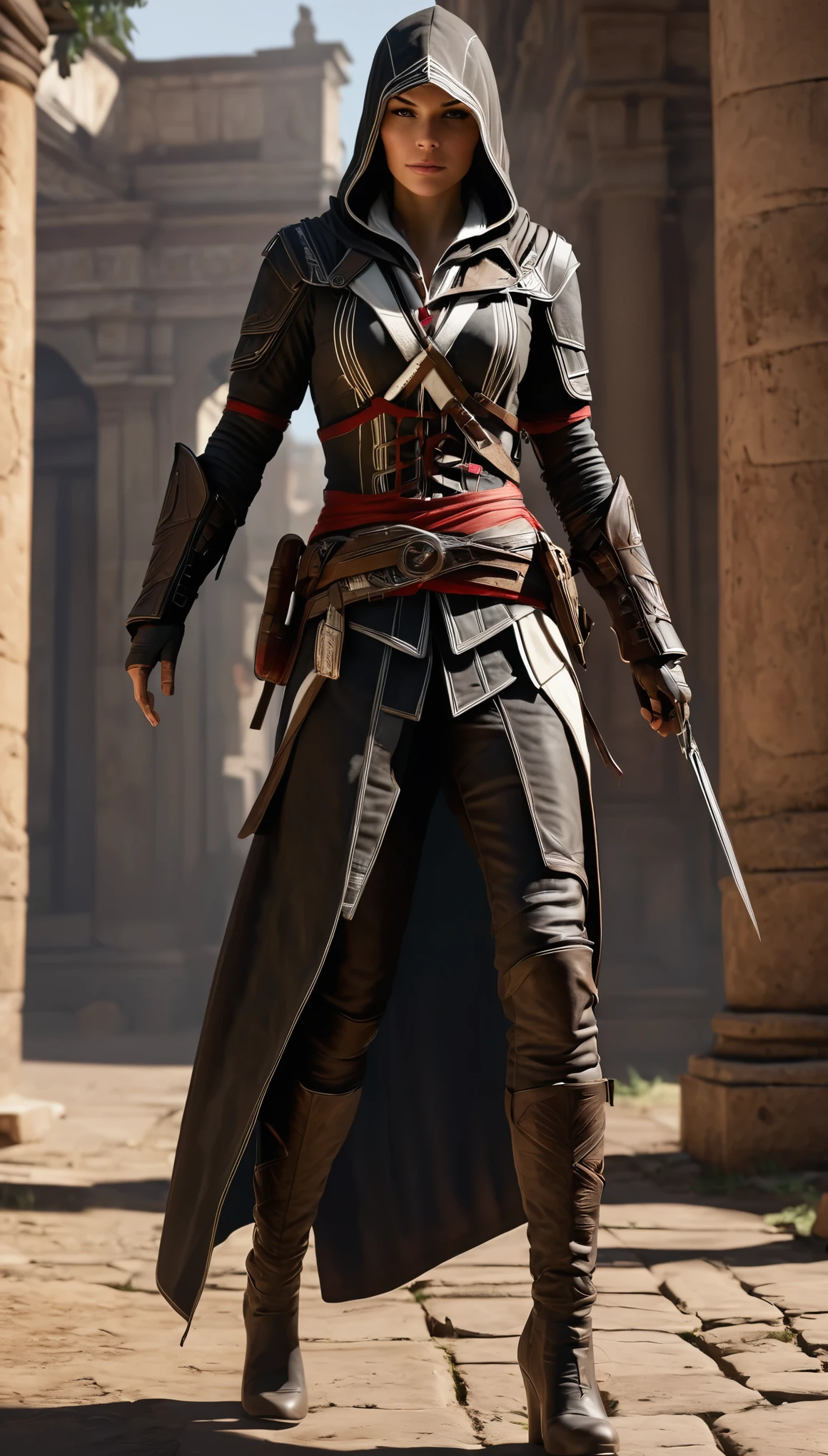 (masterpiece:1.2,high quality), ((ultra realistic details)), (ohwx woman), assassin's creed, Rebecca Ferguson as a beautiful female assassin's creed, dark shadows, imersive lights, global illumination, shadows, Unreal Engine, octane render, 8k, ultra sharp, highly details, raw photo, imersive background of ancient Roma, hidden blade, hood, walk in front of viewer, full shot, low angle shot (ground lewel)