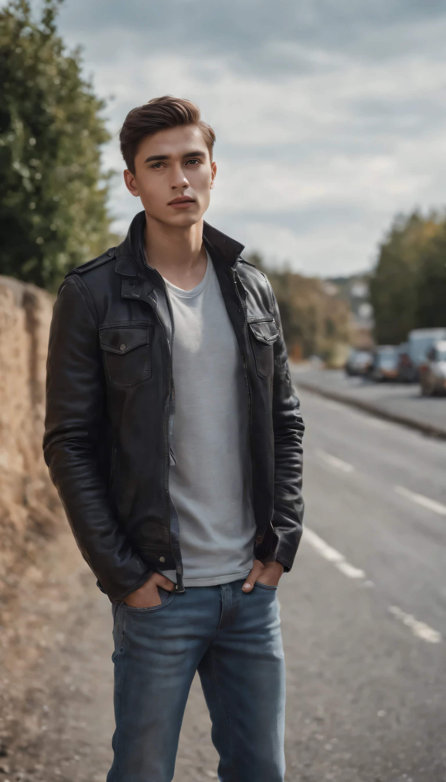 hyper-realistic, super detailed, photography, a man aged 21, wearing a jacket, jeans, black shoes, full body, standing with his hands in his trouser pockets, roadside background
