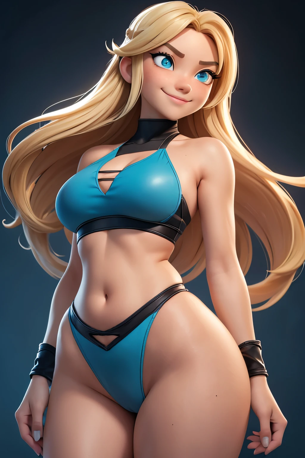 1 girl, Lovely, cyan eyes, Smile, stylized, Lovely Smile, very long blonde hair, thin eyebrows, slight freckles, anatomically correct, masterpiece, best high quality, Ultra-detailed, ((top quality)), ((masterpiece)) (detailed), light, complicated, high detail, sharp focus, The optimal ratio of four fingers to one thumb, teenager, (************), Permanently installed, sporty, Thick thighs, slim waist, thin waist, Soft waist, curved, curved大腿, Thick, wide hips, Arms slightly muscular, big thighs, black无檐便帽, High cut split swimsuit（black）， Show belly button，camel toe protrusion，skating girl, young