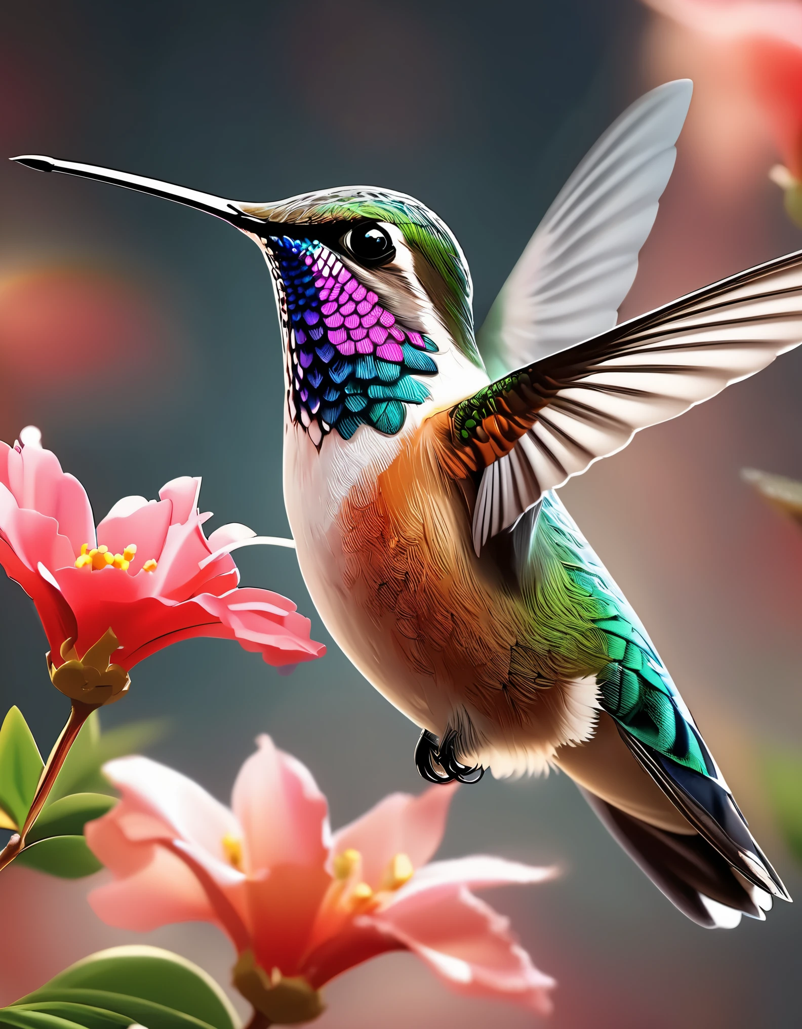 fresco art style of Beautiful hummingbird,octane render,Corona Render,V-Ray,high detail,HD,16K,Kawaii,Photo gravure,super wide angle,Bottom view,dramatic lighting