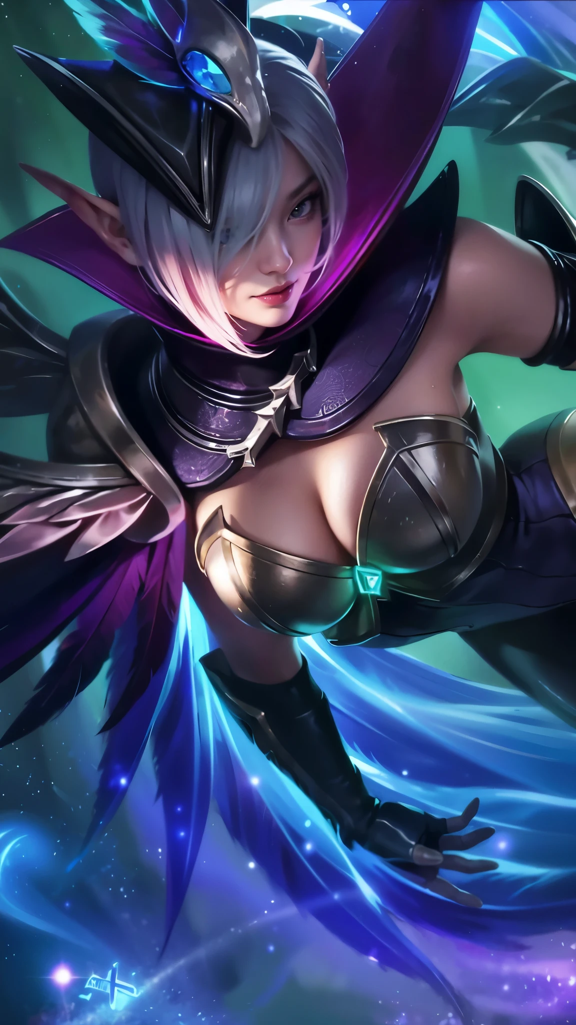Masterpiece, best picture quality, high quality, beautiful woman, Japanese, popular Korean makeup, detailed, swollen eyes, detailed eyes, detailed skin, beautiful skin, ultra high resolution, (reality: 1.4),very beautiful, slightly younger face, beautiful skin, slender, (ultra realistic), (illustration), (high resolution), (8K), (very detailed) (best illustration), (beautifully detailed eyes), (super detailed), (wallpaper), (detailed face), looking at viewer, fine details, detailed face, pureerosfaceace_v1, smiling, looking straight ahead, looking straight ahead, angle from waist up, realistic photo, bright lighting, professional lighting, blue hair (some of hair part green), long hair, dark ruins, big red moon, gorgeous red and black dress, mature woman, long stylish bangs, elf ear,