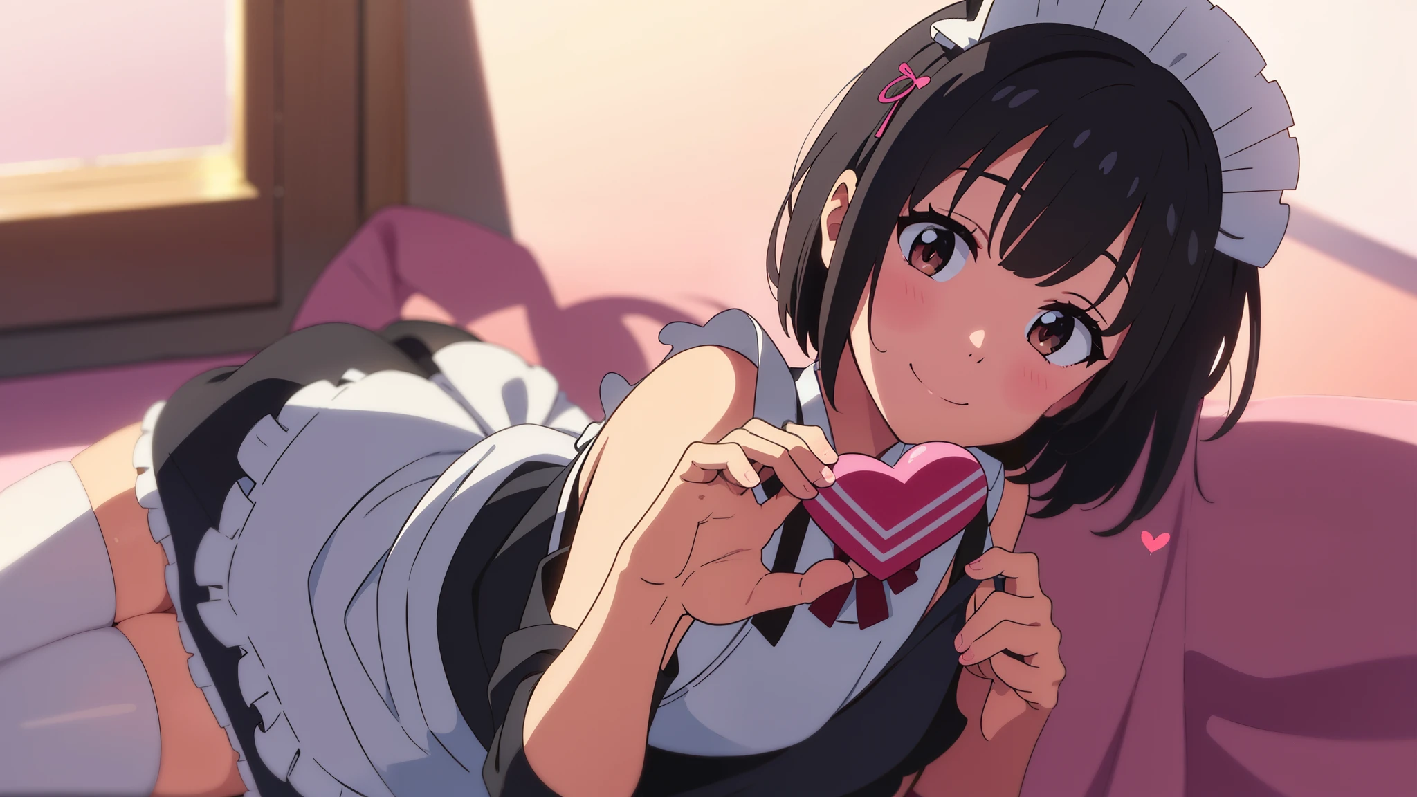 shinkai makoto, kimi no na wa., 1girl, bangs, black hair, blush, brown eyes, shiny skin, smile, cute, short hair, looking at the viewer, pink apron, bow, pink dress, frills, hair ornament, heart, heart hands, perfect hands, perfect fingers, maid, maid apron, maid headdress, Off-the-shoulders, short dress, solo, thighhighs, white thighhighs, valentine background