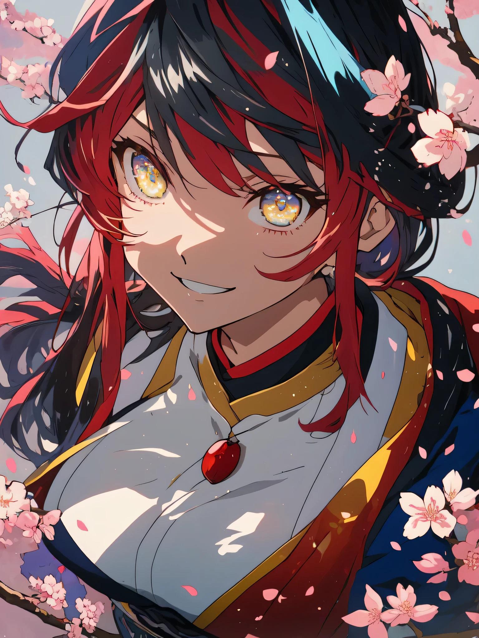 (最high quality、masterpiece、beautiful anime、high quality、be familiar with)、1 girl、(Shining amber eyes)、amber hair、(shiny hair and skin),Onmyoji、smile、(乱れるand装、sexy)、(big breasts、exposed)、cherry blossoms、beauty、anime art、and