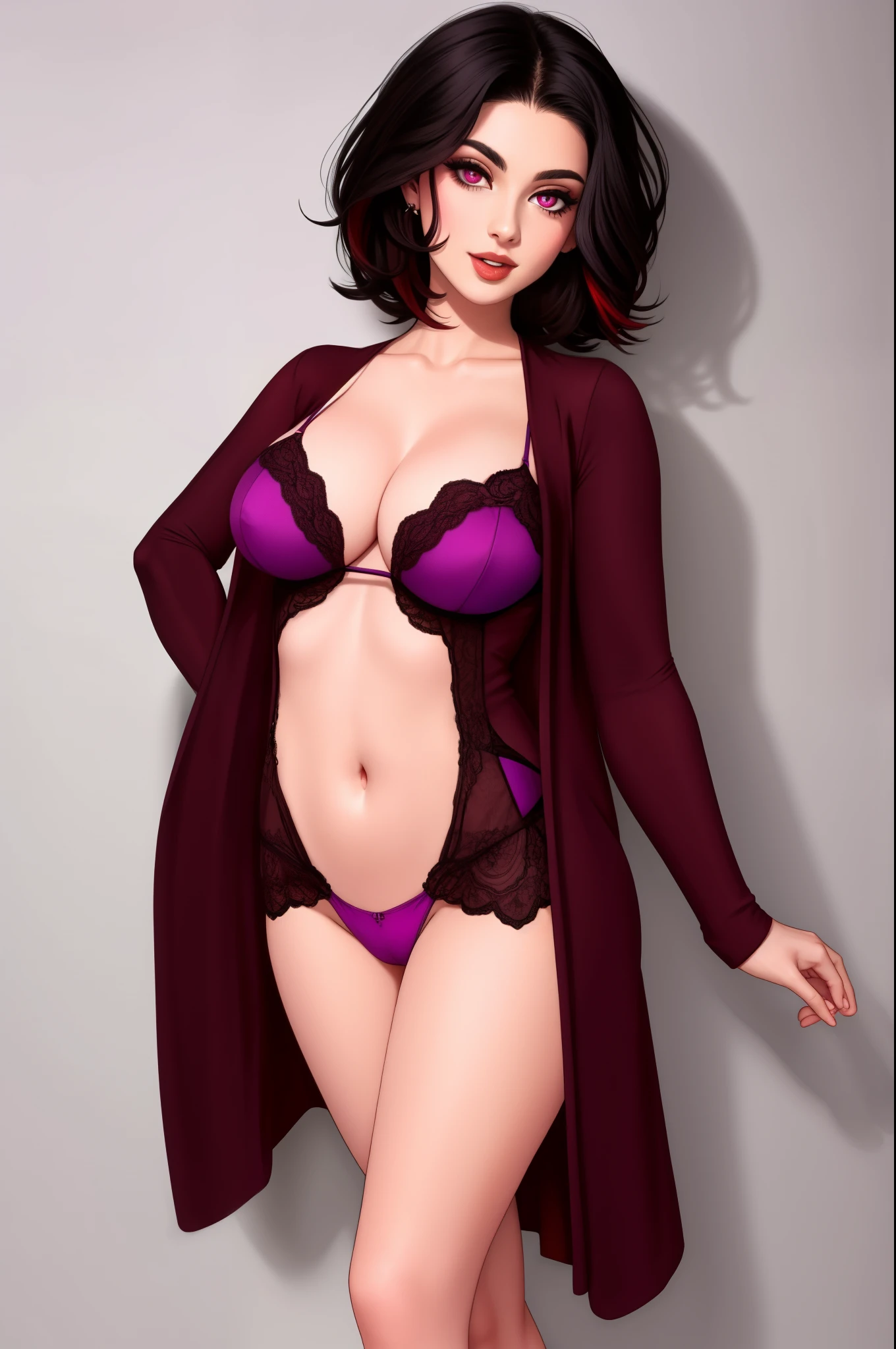 gorgeous woman, short black hair with red streaks, glowing purple eyes, full body shot
