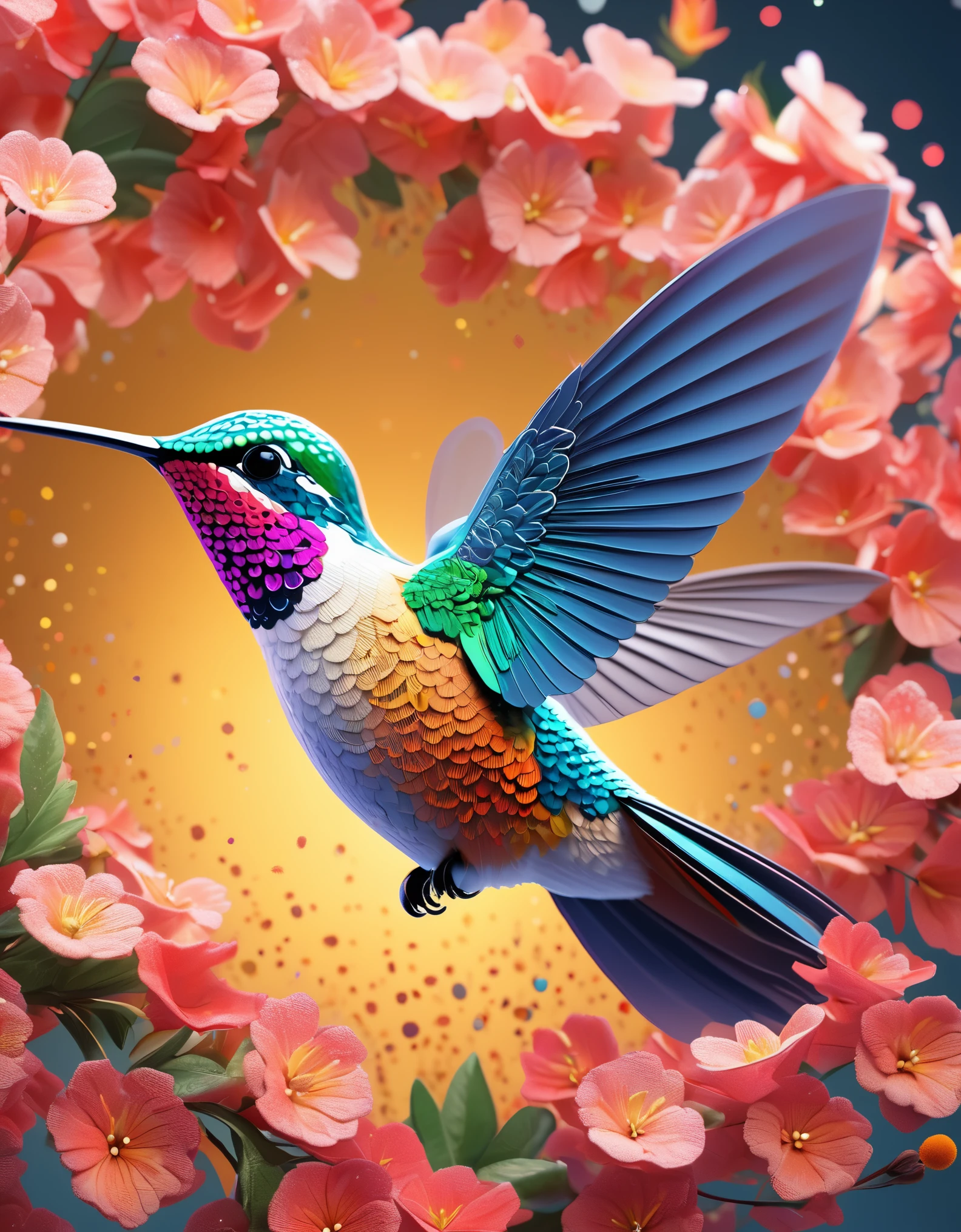 fresco art style of Beautiful hummingbird,octane render,Corona Render,V-Ray,high detail,HD,16K,Kawaii,Dot Art,Pointillism,Stipple,super wide angle,Bottom view,dramatic lighting