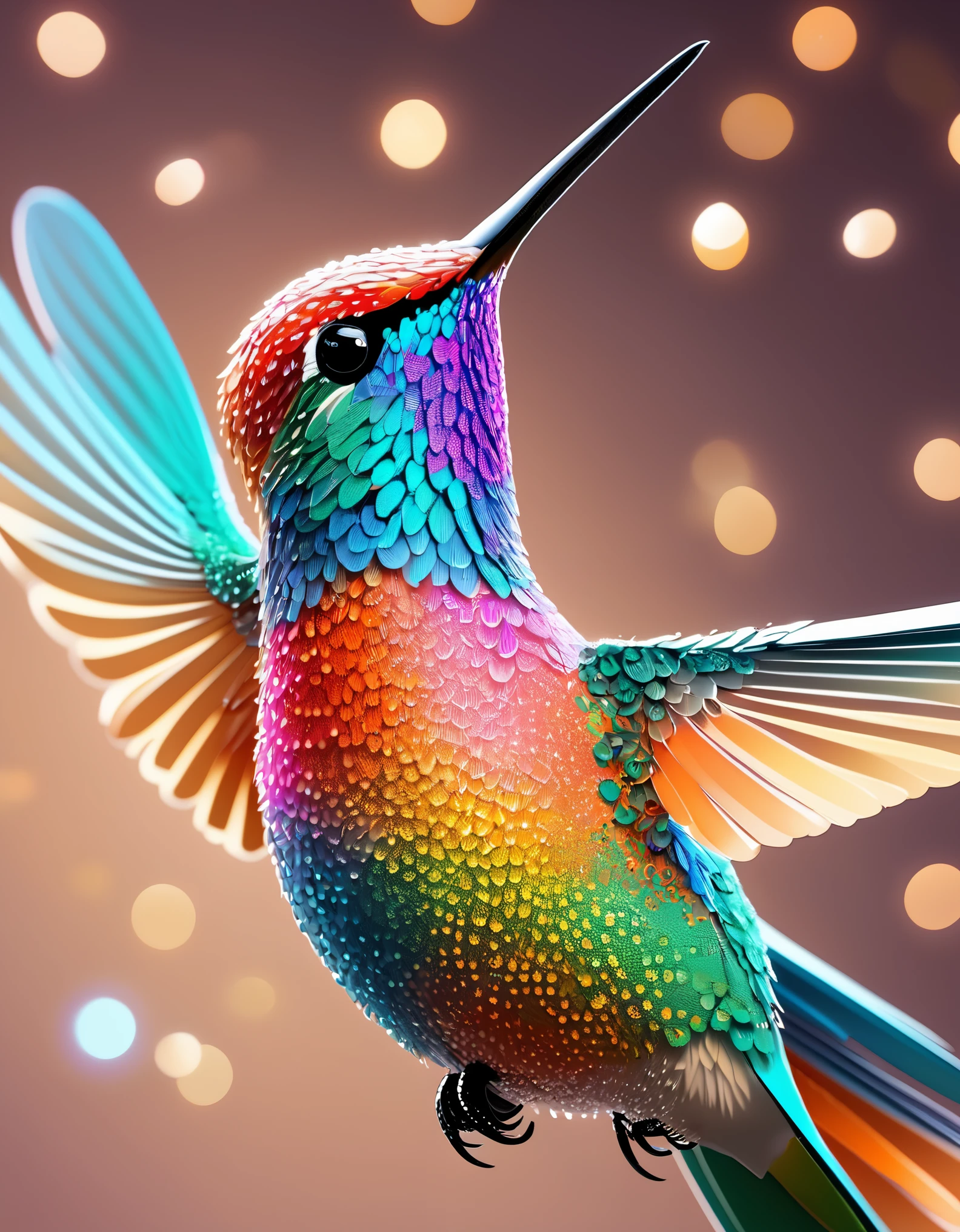 fresco art style of Beautiful hummingbird,octane render,Corona Render,V-Ray,high detail,HD,16K,Kawaii,Dot Art,Pointillism,Stipple,super wide angle,Bottom view,dramatic lighting