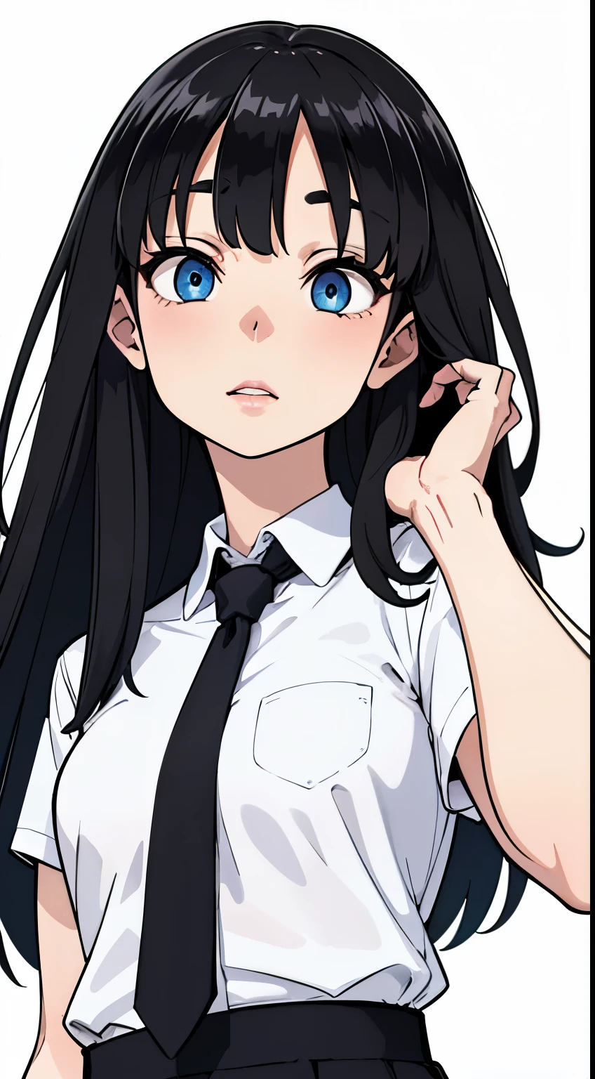 { masterpiece : best quality : high resolution : unity 8k wallpaper : illustration : beautiful detailed eyes : extremely detailed face : perfect lighting : extremely detailed CG : perfect hands : perfect anatomy }(( white background)){   fit body : dark long hair : white shirt : tie : short sleeves : black skirt : solo }