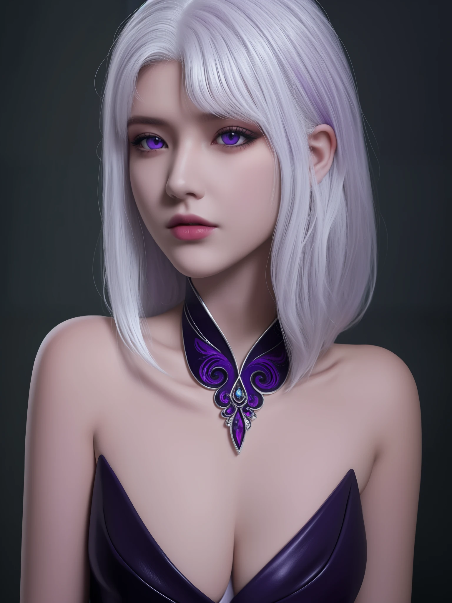 detailed lips, long wavy hair, serpents for hair, pale complexion, mesmerizing gaze, dark and mysterious background, vibrant colors, soft lighting, (hyperrealistic), (illustration), (high resolution), (8K), (extremely detailed), (best illustration), (beautiful detailed eyes), (best quality), (ultra-detailed), (masterpiece), (wallpaper), (photorealistic), (natural light), (detailed face), (high detailed realistic skin texture), (anatomically correct), (solo), (1 girl:1.51), (high detailed realistic hair), (white hair:1.35), (heterochromic eyes), (detailed eyes), (purple eyes:1.37), (sparkling eyes), (realistic big breasts:1.5), (slender abs), (dynamic pose), (closed tiny mouth:1.3), (concentrated expression), (upon body from head to thigh:1.36), (dimple:1.34)