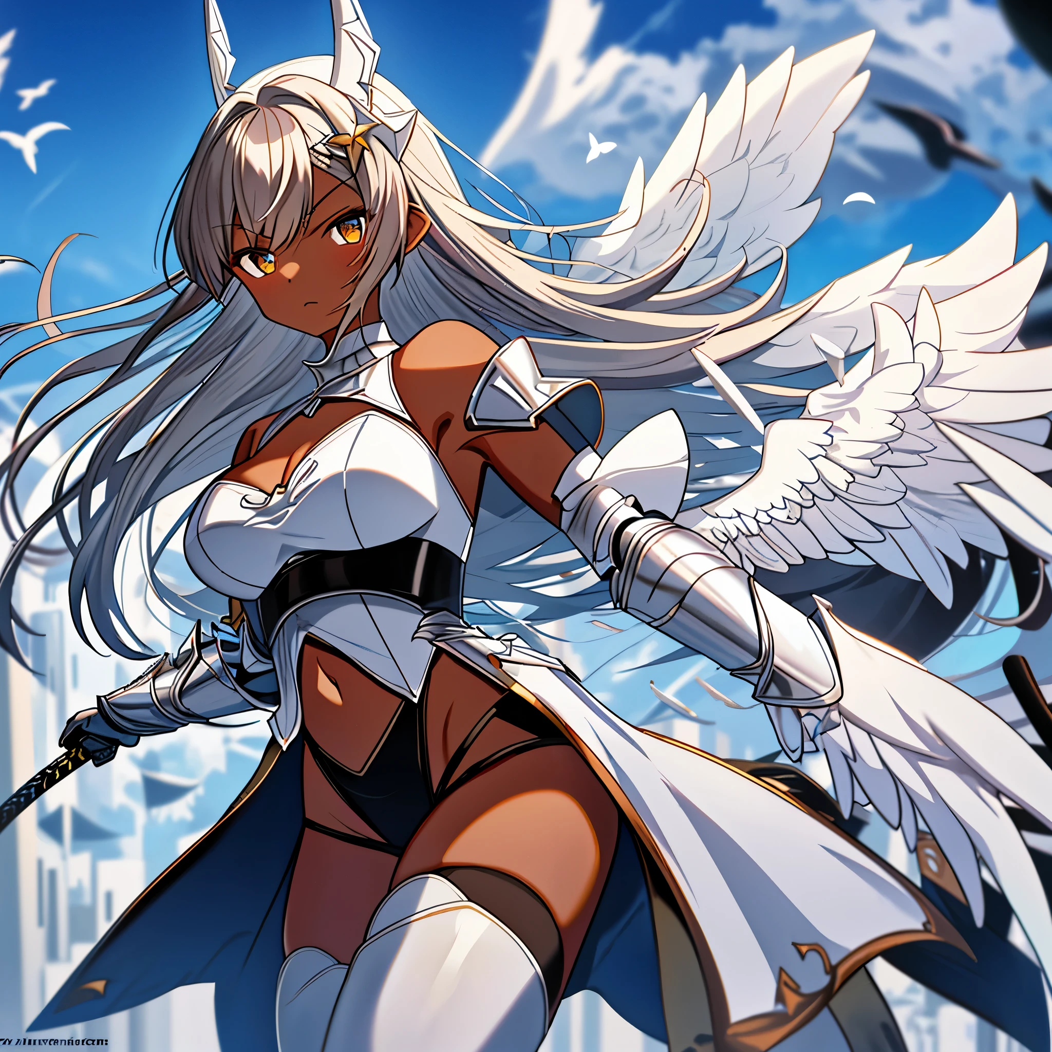 fantasy, 1angel_girl, low_teen, brown_hair, medium_bob_hair,long_bangs, (dark_skin)+, bare_shoulder, navel out, thighhighs,silver_shiny_armor, white_clothes,waist_armor, Glebe, hold_shiny_swords, medium_breasts, Angry, dynamic_pose_fighting,Floating, (1pair_white_wings,pelvic_curtain)++, Headgear ,city_sky_background,,slightly_spread_legs, multiple_shiny_swords_floating_around_the_girl