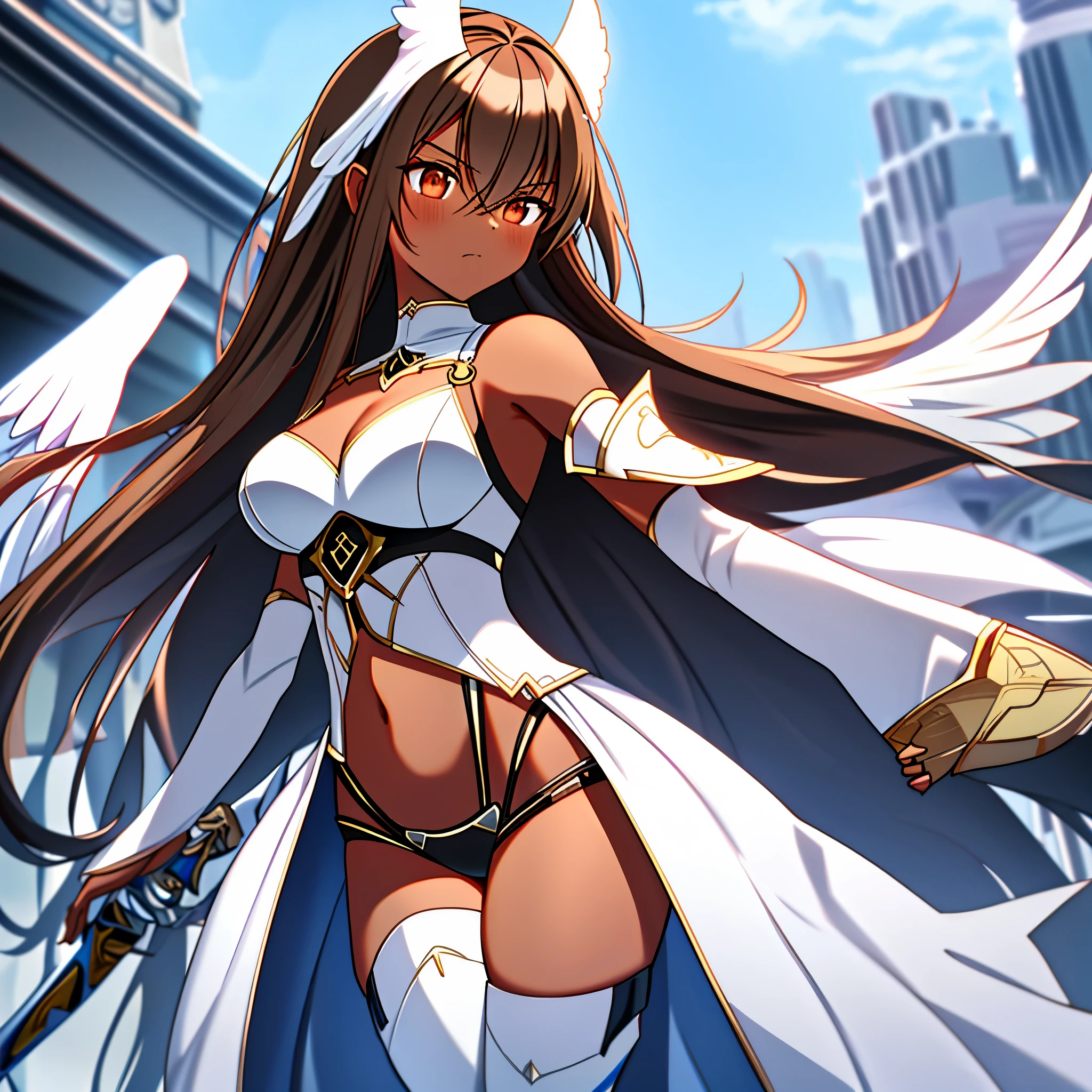 fantasy, 1angel_girl, low_, brown_hair, medium_bob_hair,long_bangs, (dark_skin)+, bare_shoulder, navel out, thighhighs,silver_shiny_armor, white_clothes,waist_armor, Glebe, hold_shiny_swords, medium_breasts, Angry, dynamic_pose_fighting,Floating, (1pair_white_wings,pelvic_curtain)++, Headgear ,city_sky_background,,slightly_spread_legs, multiple_shiny_swords_floating_around_the_girl