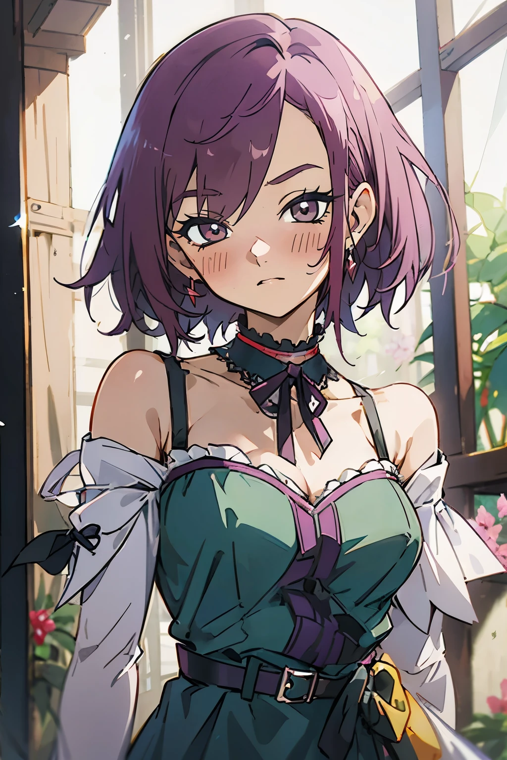 masutepiece, Best Quality, Ultra-detailed, kisho, jigokuraku, 1 girl, reddish Purple hair, Gray eyes, hair ribbon, belt, choker, black collar, blue dress, earrings, off-shoulder sleeves, Chest exposure, Lace underwear, metamorphosis is exposed, beautiful eyes