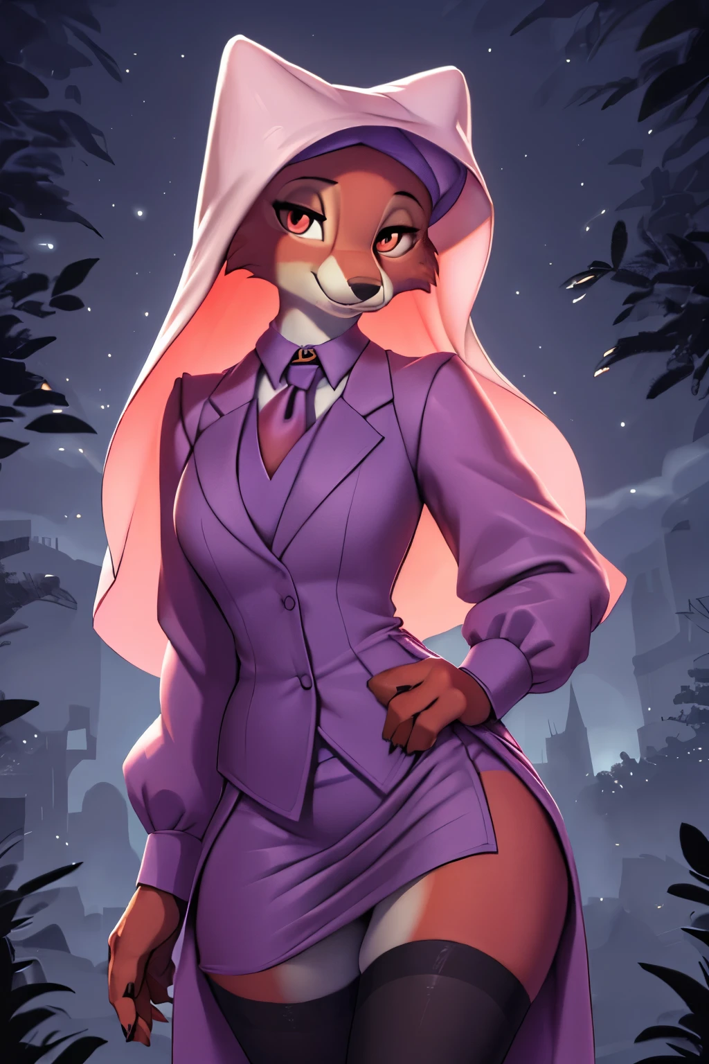 best quality, furry, anthro, animal nose,  maidmarian, smile, orange eyes, fox, waving, skirt suit, (((three-piece suit))), necktie, blazer, suit jacket, waistcoat, bodycon skirt, showing off, showing leg, ((((holding lapel)))), detailed hand, exterior, retrato con gran apertura, cool tones, fuerte impacto visual, espacio en blanco, contraste de luces y sombras, Super texture, resplandor del atardecer, Super clear image, imagen sencilla