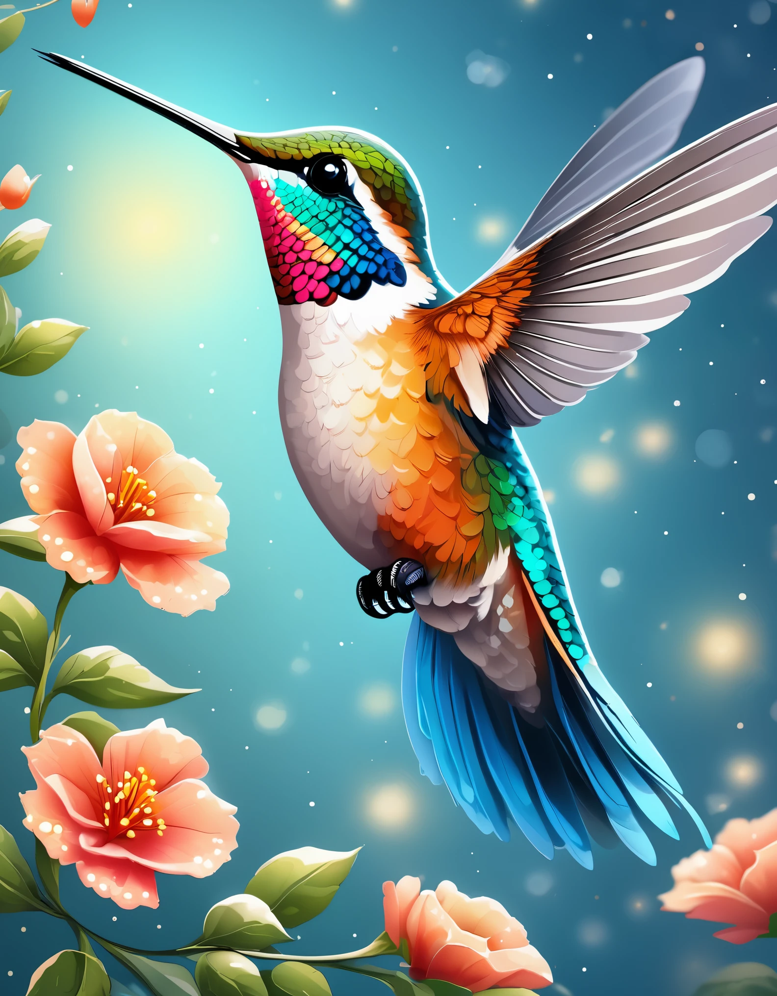 fresco art style of Beautiful hummingbird,high detail,HD,16K,Kawaii,Dot Art,Pointillism,Stipple,super wide angle,Bottom view,dramatic lighting