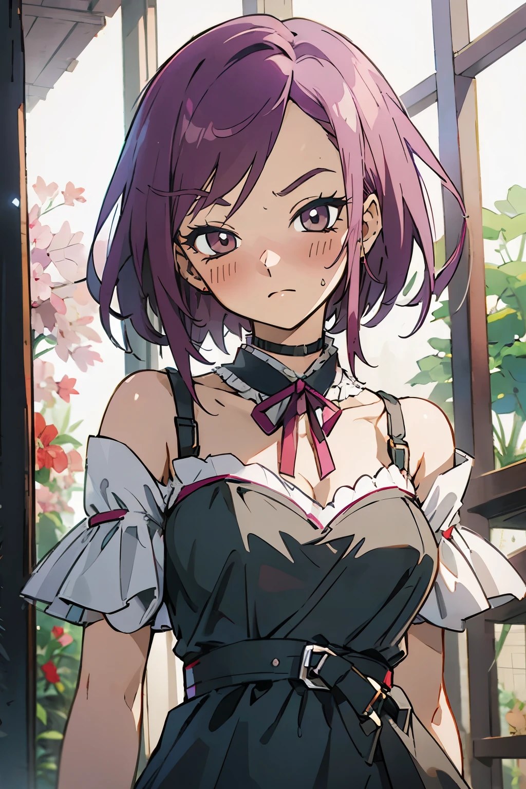 masutepiece, Best Quality, Ultra-detailed, kisho, jigokuraku, 1 girl, reddish Purple hair, Gray eyes, hair ribbon, belt, choker, black collar, blue dress, earrings, off-shoulder sleeves, Chest exposure, Lace underwear, metamorphosis is exposed, beautiful eyes