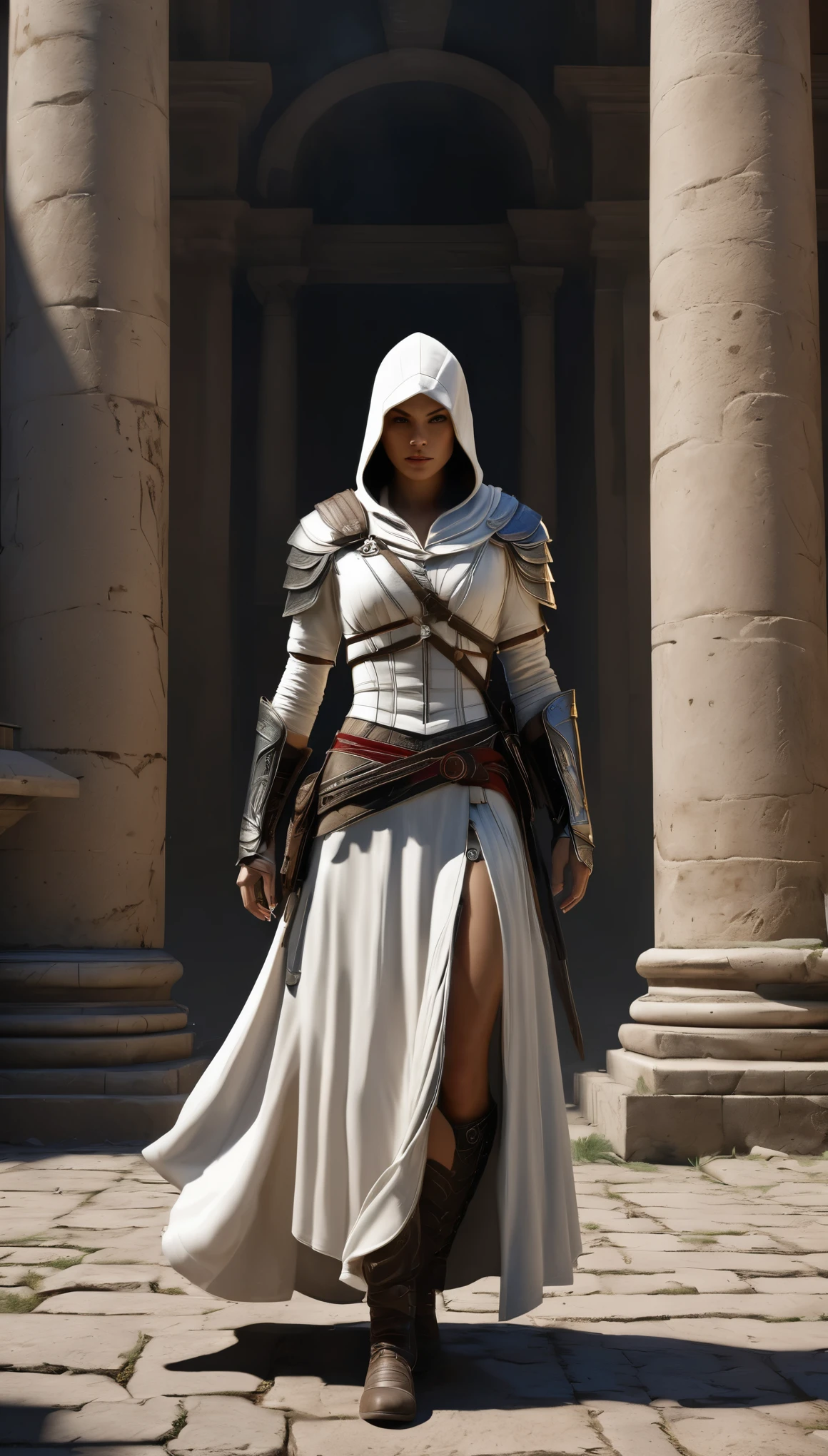 (masterpiece:1.2,high quality), ((ultra realistic details)), realistic photo, (ohwx woman), assassin's creed, Rebecca Ferguson as a beautiful female assassin's creed, very detailed face, ancient rome, white dress, dark shadows, imersive lights, global illumination, shadows, smoke elements on ground, Unreal Engine, 8k, ultra sharp, highly details, raw photo, imersive background of ancient Rome, hidden blade, hood, walk in front of viewer, cowboy shot