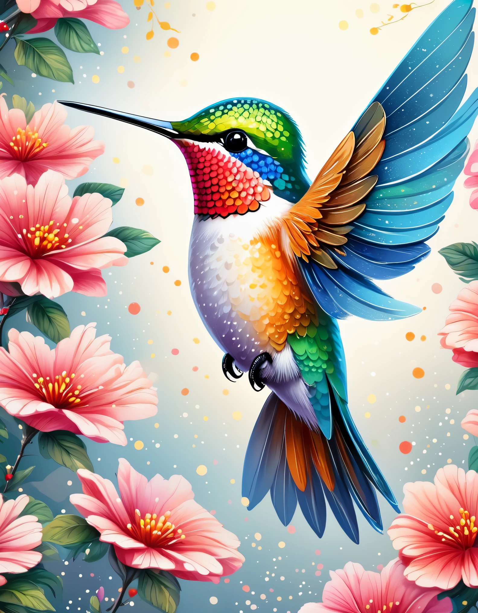 fresco art style of Beautiful hummingbird,high detail,HD,16K,Kawaii,Dot Art,Pointillism,Stipple,super wide angle,Bottom view,dramatic lighting
