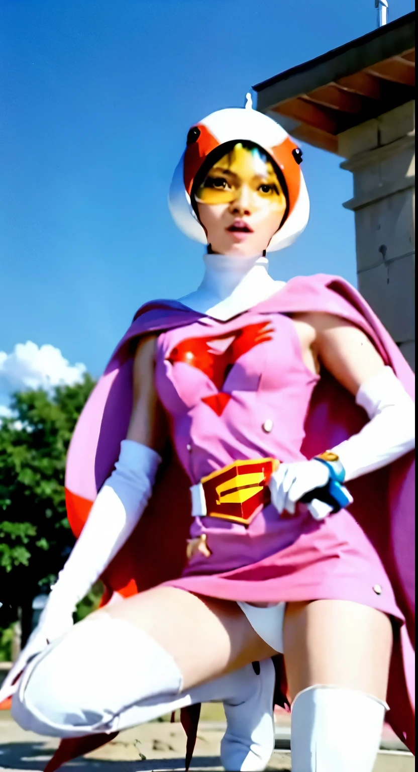 Highest image quality、real image、super detailed photo、18-year-old美少女、ポニーテールbeautiful woman、beautiful sister、A woman wearing a pink dress and cloak is squatting in front of a building,spread legs、showwhitepanties,whitepanties,white panties、beautiful woman、Jun、beautiful sister、beautiful sister、 18-year-oldの女の子,白鳥のJun、knee high boots science ninja、white panties、beautiful woman、 As a retro-futuristic heroine, 18-year-old、As a retro-futuristic heroine, beautiful thighs、sheila, she - ra, anime female hero portrait, Portrait of a modern dharna, anime visual of super girl, super girl, official art, Dinah Drake, hironaka, Blowjob White Mecha Miniskirt