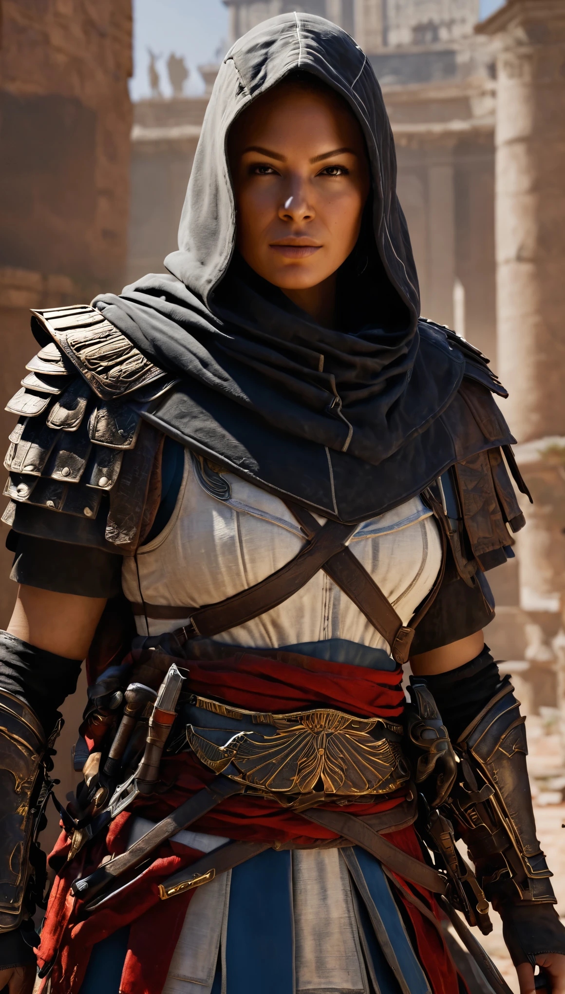 (masterpiece:1.2,high quality), ((ultra realistic details)), realistic photo, (ohwx woman), assassin's creed, Rebecca Ferguson as a beautiful female assassin's creed, very detailed face, ancient rome, armor, dark shadows, imersive lights, global illumination, smoke elements on ground, 8k, ultra sharp, highly details, raw photo, imersive background of ancient Rome, hidden blade, hood, walk in front of viewer, cowboy shot, visible face