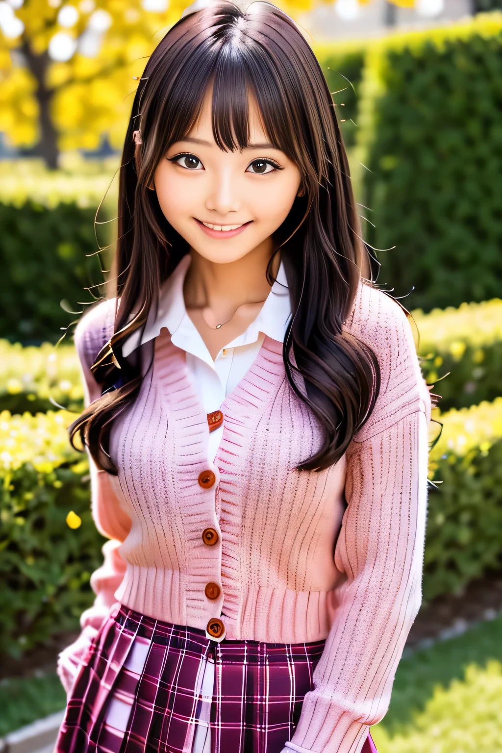 (school uniform:1.2), (pink cardigan fits well:1.4), ((Rebuild the button, Not loose):1.5), ((long sleeve, sleeves go over wrists):1.2), (The inner layer is a white collared shirt.:1.3), (red plaid ribbon:1.3), (red plaid pleated skirt:1.3), ((dark brown pantyhose, loafers):1.2), bangs, lips、out makeup、short eyelashes、looking at the viewer、lazy smile、realistic、High resolution、debris flies, highest quality, 8k, Beautiful woman、In detail
