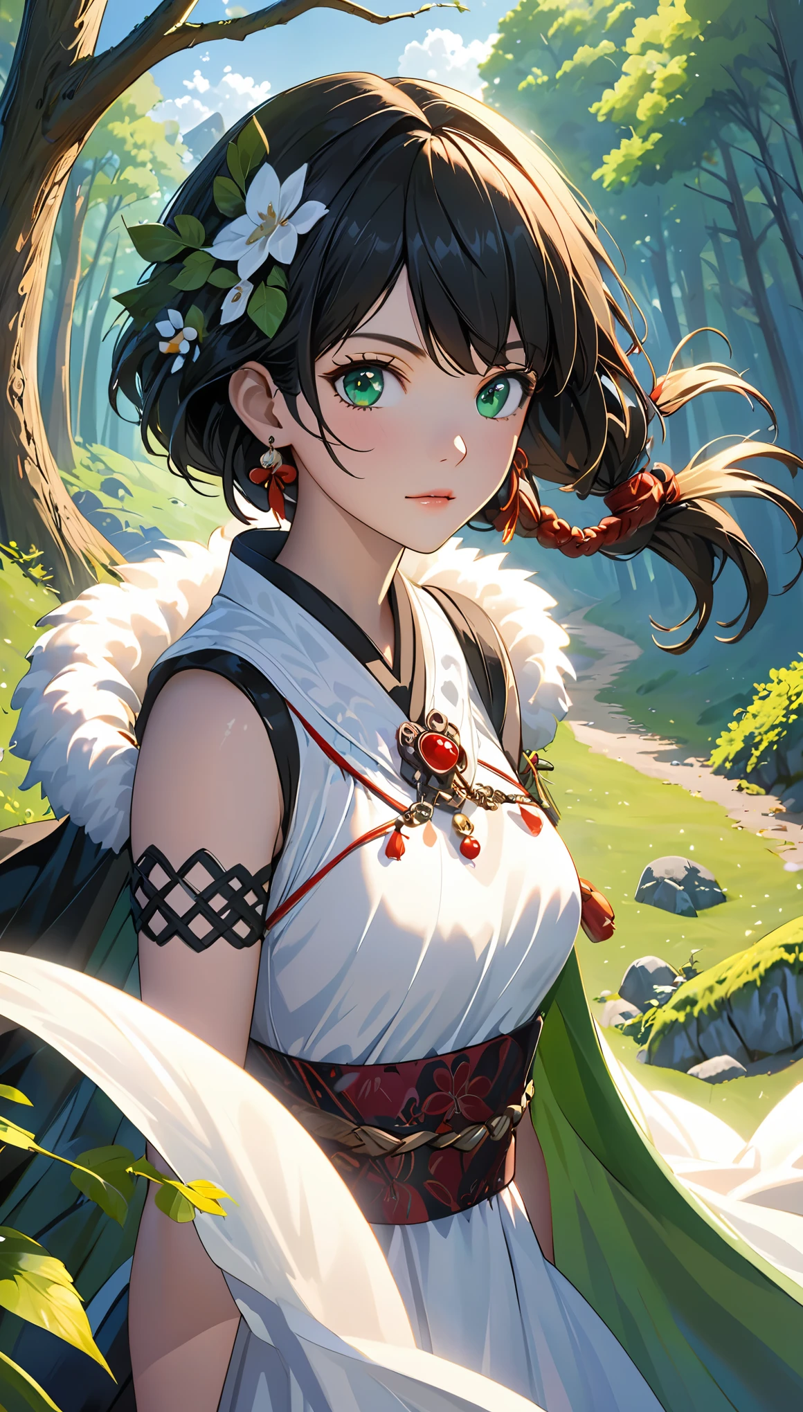 MJ3D style,3DMM,3d,(masterpiece, best quality:1.1), Ghibli style, mulberry (Ghost Princess), 1 girl, armband, Bangs, black hair, black undershirt, breast, cape, ring, earrings, face painting, Floating hair, forest, fur cape, green eyes, jewelry, looking at the audience, medium breast, nature, necklace, Outdoor activities, parted Bangs, shirt, short hair, sleeveless, sleeveless shirt, alone, tooth necklace, tree, Upper body, white shirt