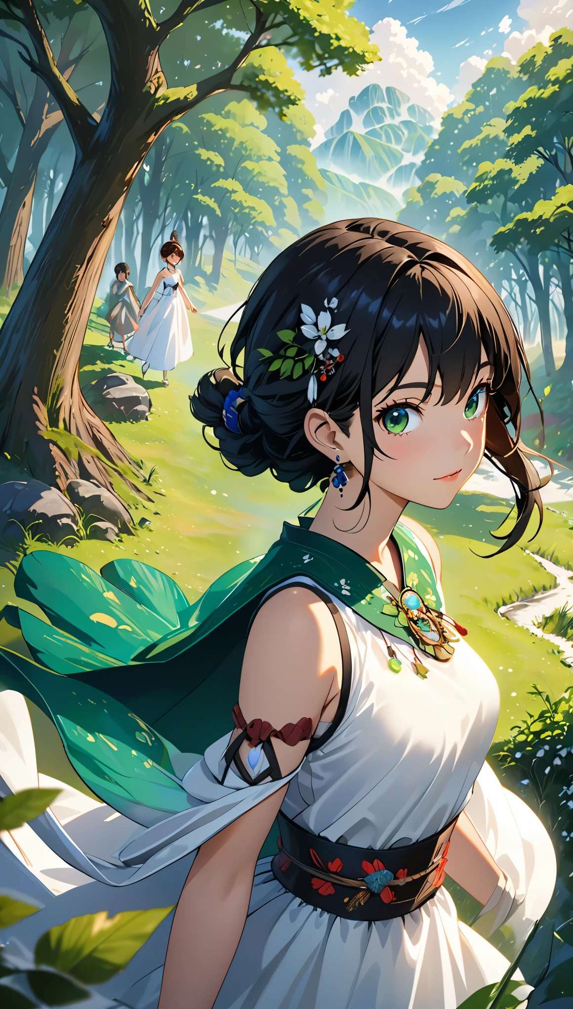 MJ3D style,3DMM,3d,(masterpiece, best quality:1.1), Ghibli style, mulberry (Ghost Princess), 1 girl, armband, Bangs, black hair, black undershirt, breast, cape, ring, earrings, face painting, Floating hair, forest, fur cape, green eyes, jewelry, looking at the audience, medium breast, nature, necklace, Outdoor activities, parted Bangs, shirt, short hair, sleeveless, sleeveless shirt, alone, tooth necklace, tree, Upper body, white shirt