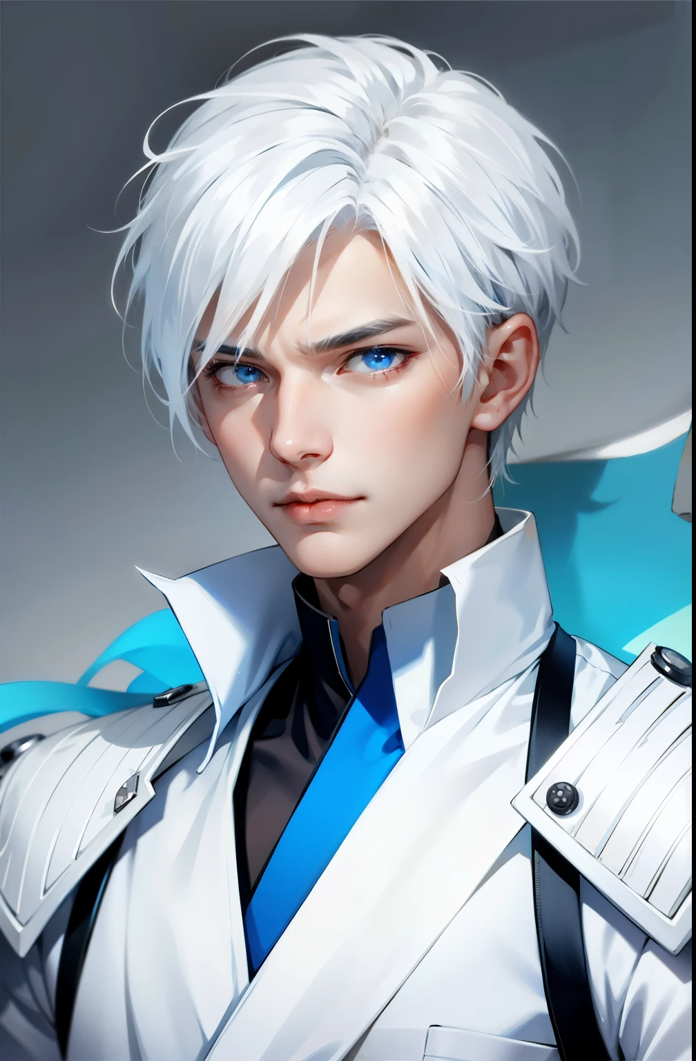 Boy, white hair, blue eyes, sharp, serious features, white skin