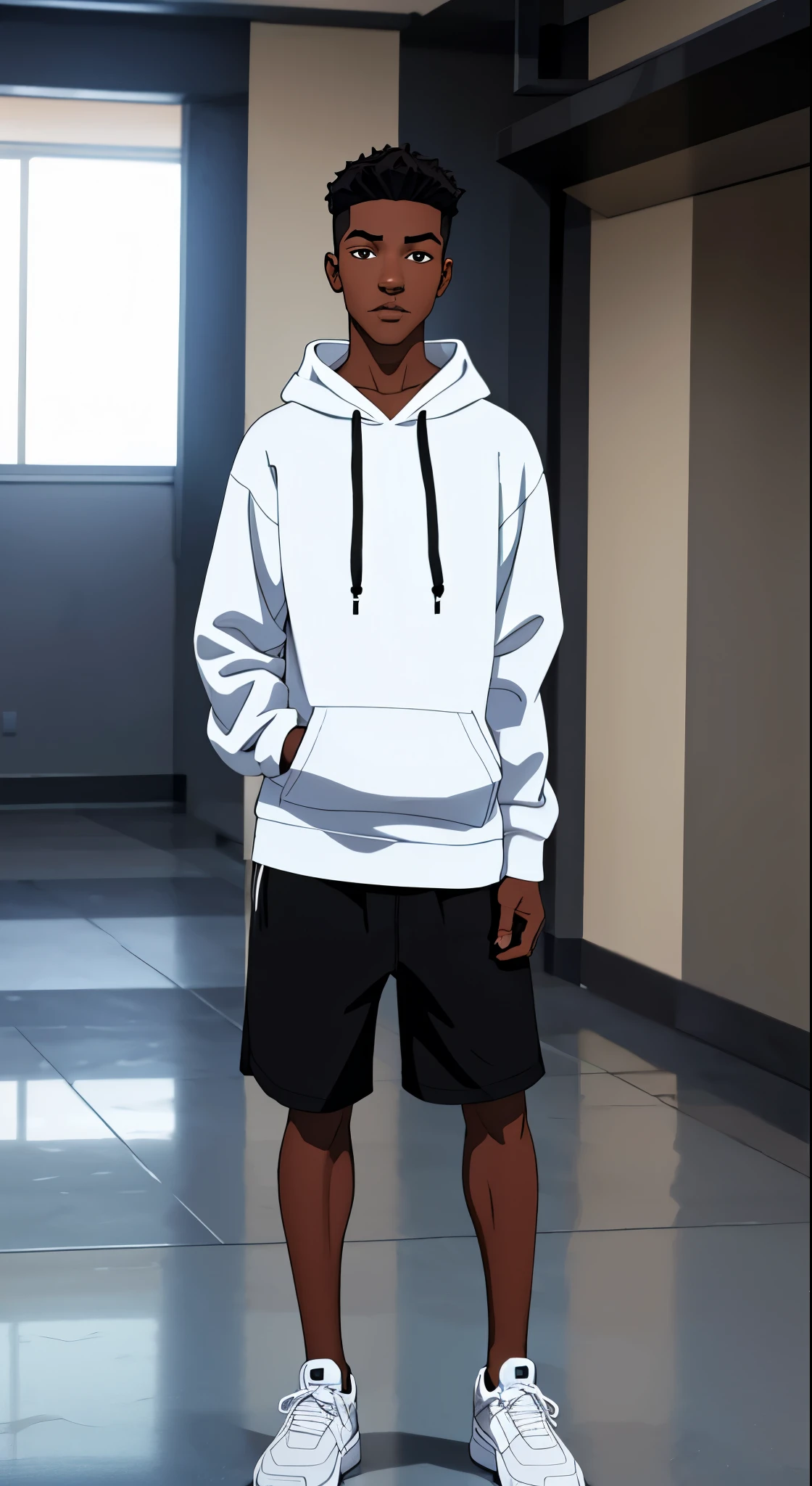 handsome black 18 year old boy, wearing white hoodie, shorts, 8k resolution, full body 