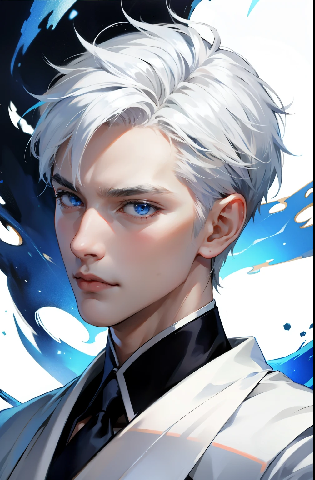 Boy, white hair, blue eyes, sharp, serious features, white skin