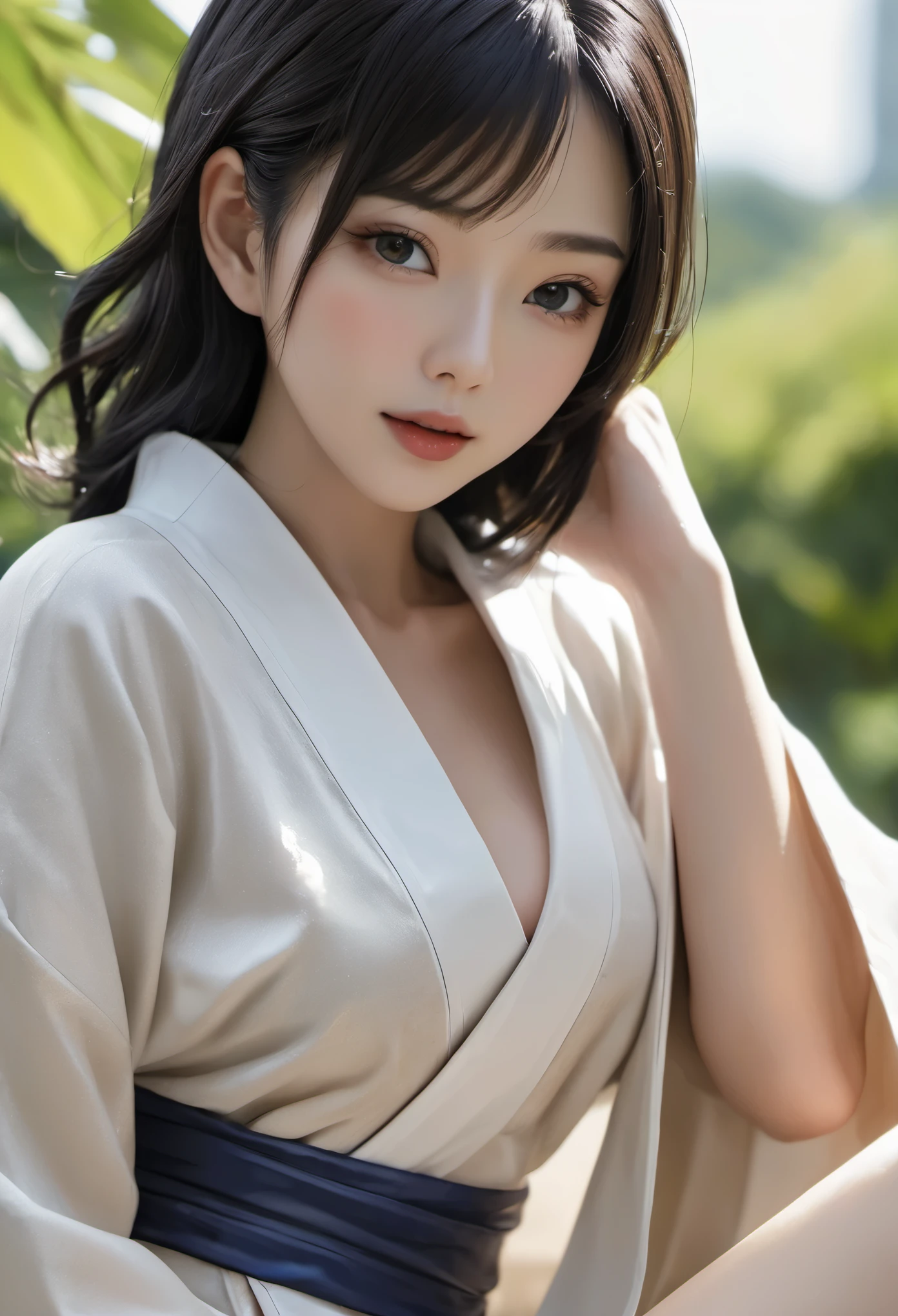 Beautiful Japan woman in white kimono,White skin, Beautiful Face,Skinny body, Very small breasts, nightの青木ヶ原樹海を歩く, Long flowing black hair, Beautiful Eyes, Mysterious Forest, Horror photorealism style, night, There is no way, There's earth beneath my feet, Horror movie atmosphere,