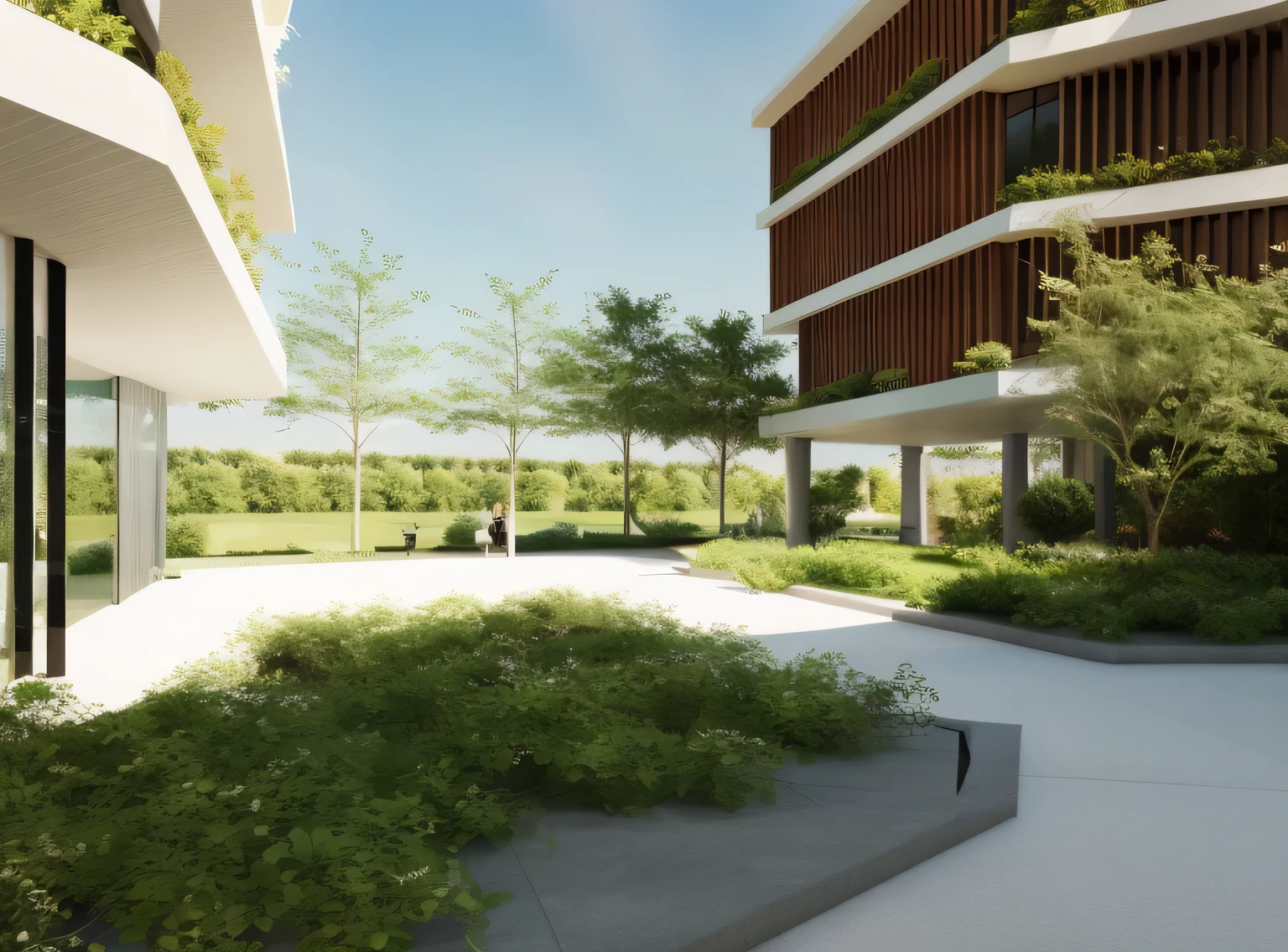 a rendering of a courtyard with a walkway and a walkway leading to a building, architectural render, architectural visualization, architectural visualisation, low angle dimetric rendering, architecture render, architectural 3 d render, lumion render, detailed archviz render, render corona, architectural rendering, professional render, natural realistic render, rendered in lumion pro, award-winning render