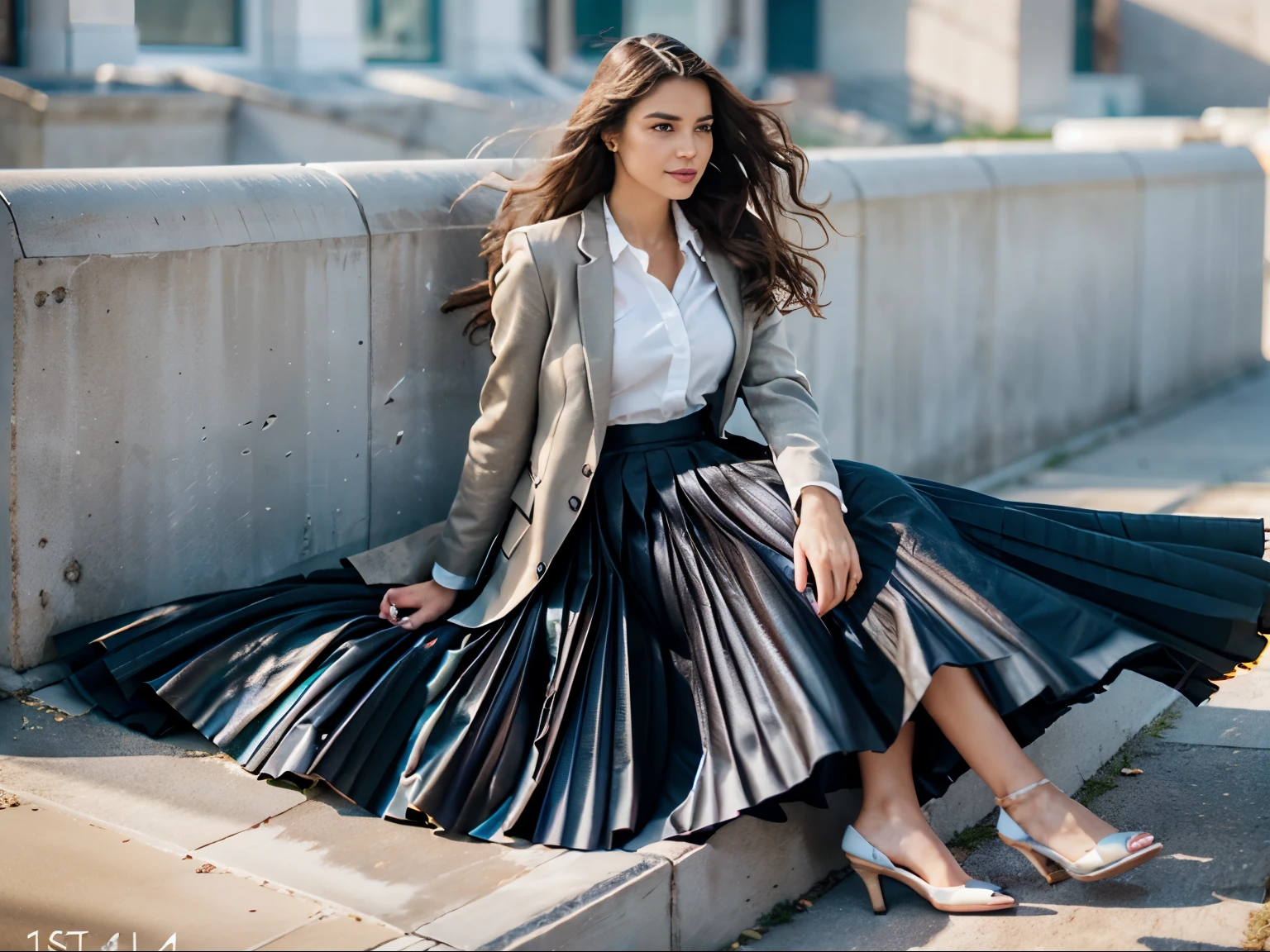 A smiling, authentic, (shy:1,3), kind, beautiful woman, is passionately in love with her skirt, sitting down on the ground while wind lifts her skirt, wearing short blazer and very, very detailed (long (fully pleated) full circle skirt) and (low heeled court shoes), very, very intricate hyper-detailed symmetric (attractive graceful young feminine face) with (sad, tired eyes and a loving smile), very voluptuous breasts, full of empathy and compassion and love, (pronounced (feminine) features), (highly detailed ultra accurate realistic) hands and fingers, (windy), epic composition, highly detailed attributes, (35mm f1.4 Kodak portra 400 photograph), extremely high quality RAW photograph, highly detailed atmosphere, sci-fi, cinematic shot, dynamic lighting, 75mm, Technicolor, Panavision, cinemascope, sharp focus, fine details, 8k, HDR, realism, realistic, key visual, film still, superb cinematic color grading, depth of field