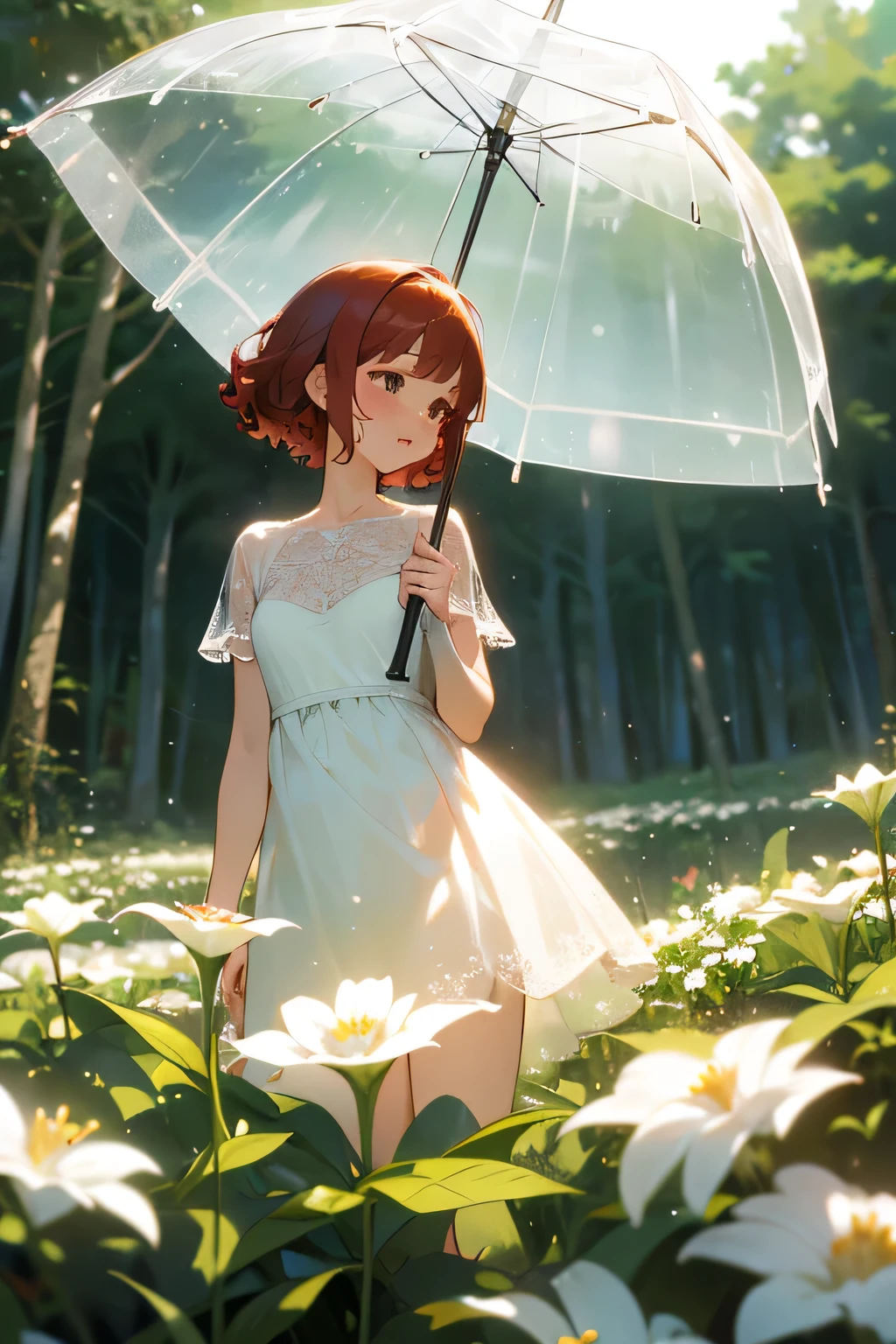 Cute woman under drizzle, (elegant, pretty face), Transparent white dress, forest moss, (freckle:0.8), flower field, , red curly hair, magical atmosphere, (short hair), ((delicate skin, texture)), super detailed, (intricate details, fine details, super detailed的), Ray tracing, subsurface scattering, (fantasy underworld in the background), Diffuse soft light, See deeply, go through (oliver wait), sharp focus bokeh, (Realistic photo quality:1.4)