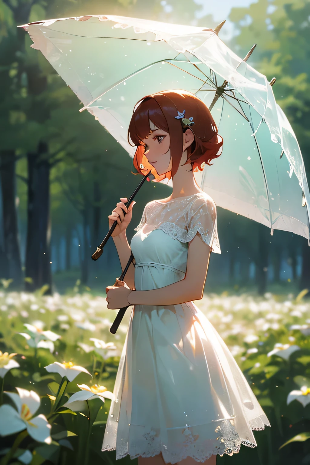Cute woman under drizzle, (elegant, pretty face), Transparent white dress, forest moss, (freckle:0.8), flower field, , red curly hair, magical atmosphere, (short hair), ((delicate skin, texture)), super detailed, (intricate details, fine details, super detailed的), Ray tracing, subsurface scattering, (fantasy underworld in the background), Diffuse soft light, See deeply, go through (oliver wait), sharp focus bokeh, (Realistic photo quality:1.4)