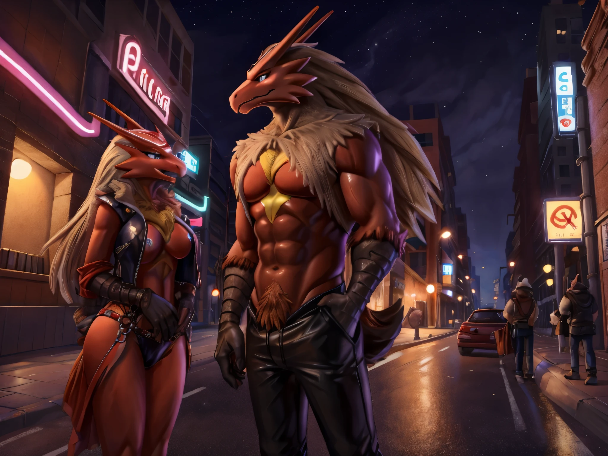 ((calidad alta)), Blaziken macho con ropa rebelde caminando en una gran ciudad de neon en una noche lluviosa sosteniendo una paraguas mirando al espectador