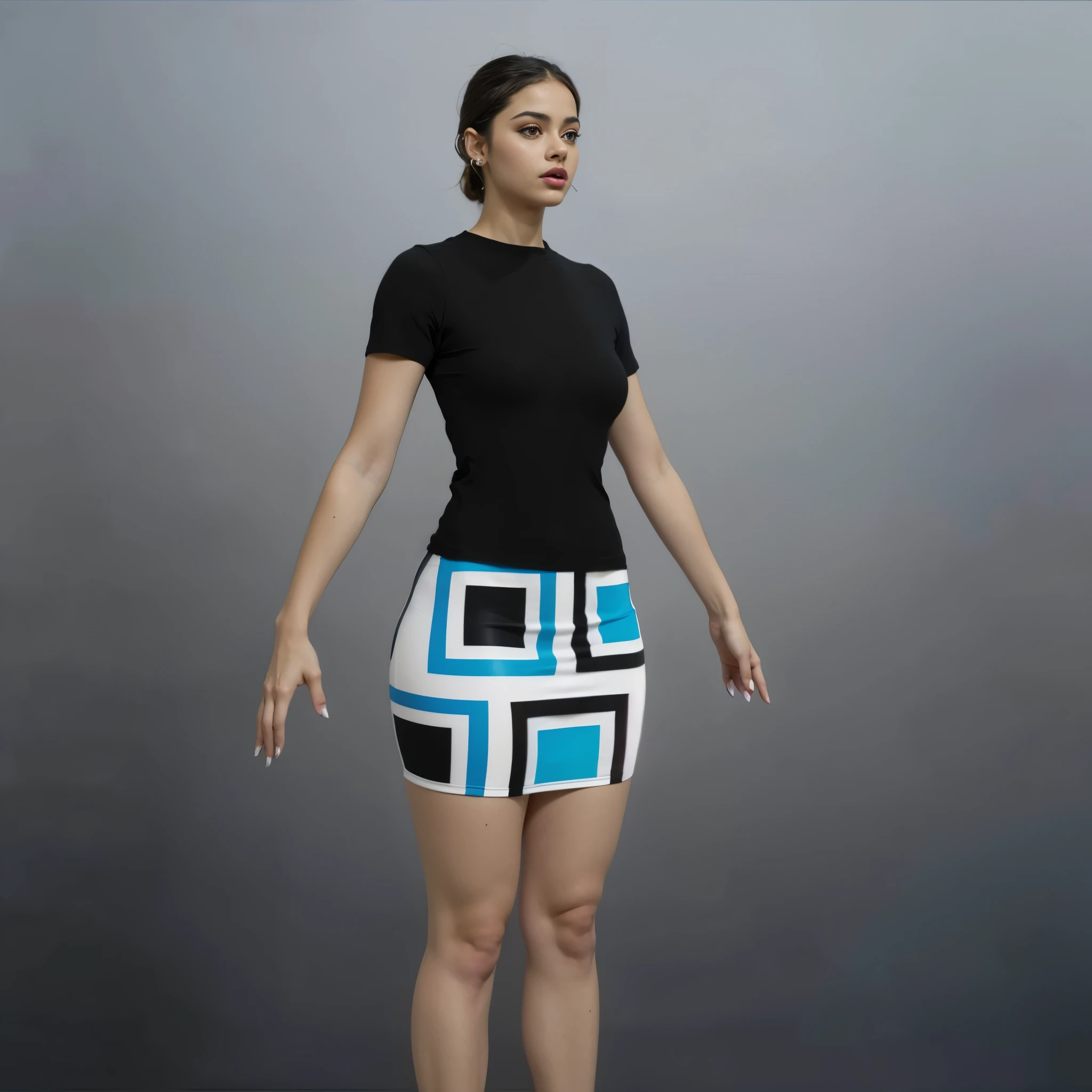 beautiful Latina girl Odeya Becky G, big round breasts, slim waist, big hips, beautiful soft thighs, beautiful legs, wearing cotton-Lycra black t-shirt and tight miniskirt with abstract blue-black-white square theme, Vibrant, vivid, shadows, lumen, HDR, 8k, ((detailed: 1.4)), ((hyper realistic)), Extremely Realistic, Realism, Portrait, Raw photo, Photography, Photorealism, Photoshoot, Instagram vibes,