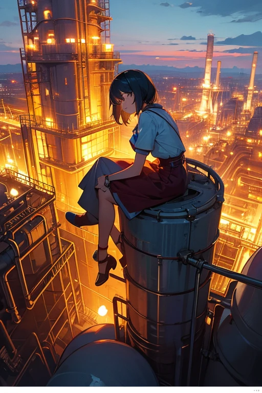 A girl sits atop the tower of petrochemical plant, at night,