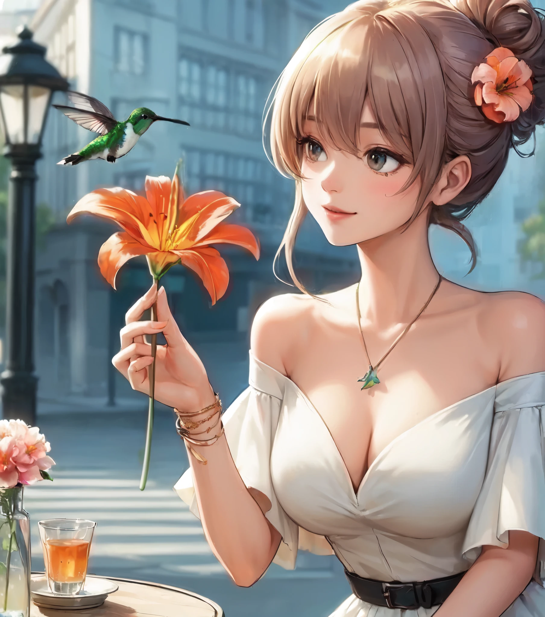 1lady solo, sitting at terrace seat, (gazing at hummingbird:1.2), (peplum) stylish outfit, mature female, /(beige brown hair/) bangs, kind smile, (masterpiece best quality:1.2) (delicate illustration:1.1) ultra-detailed, large breasts BREAK ((hummingbird flying:1.2) nearby flower), (realistic hummingbird:1.1) BREAK (holding orange lily flower) BREAK (fashionable cafe terrace) outdoors, main street, noon, detailed background