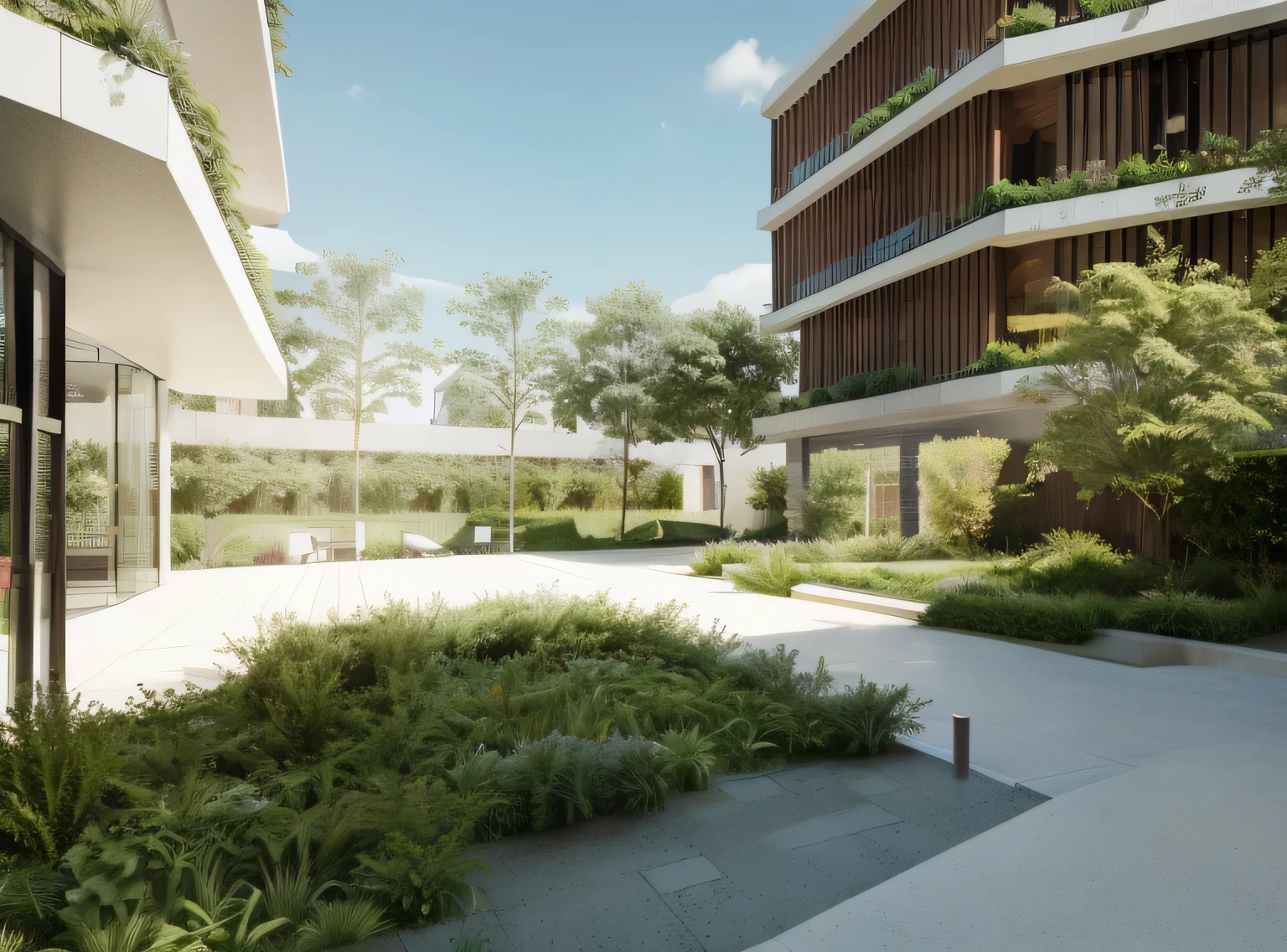 a rendering of a courtyard with a walkway and a walkway leading to a building, architectural render, architectural visualization, architectural visualisation, low angle dimetric rendering, architecture render, architectural 3 d render, lumion render, detailed archviz render, render corona, architectural rendering, professional render, natural realistic render, rendered in lumion pro, award-winning render