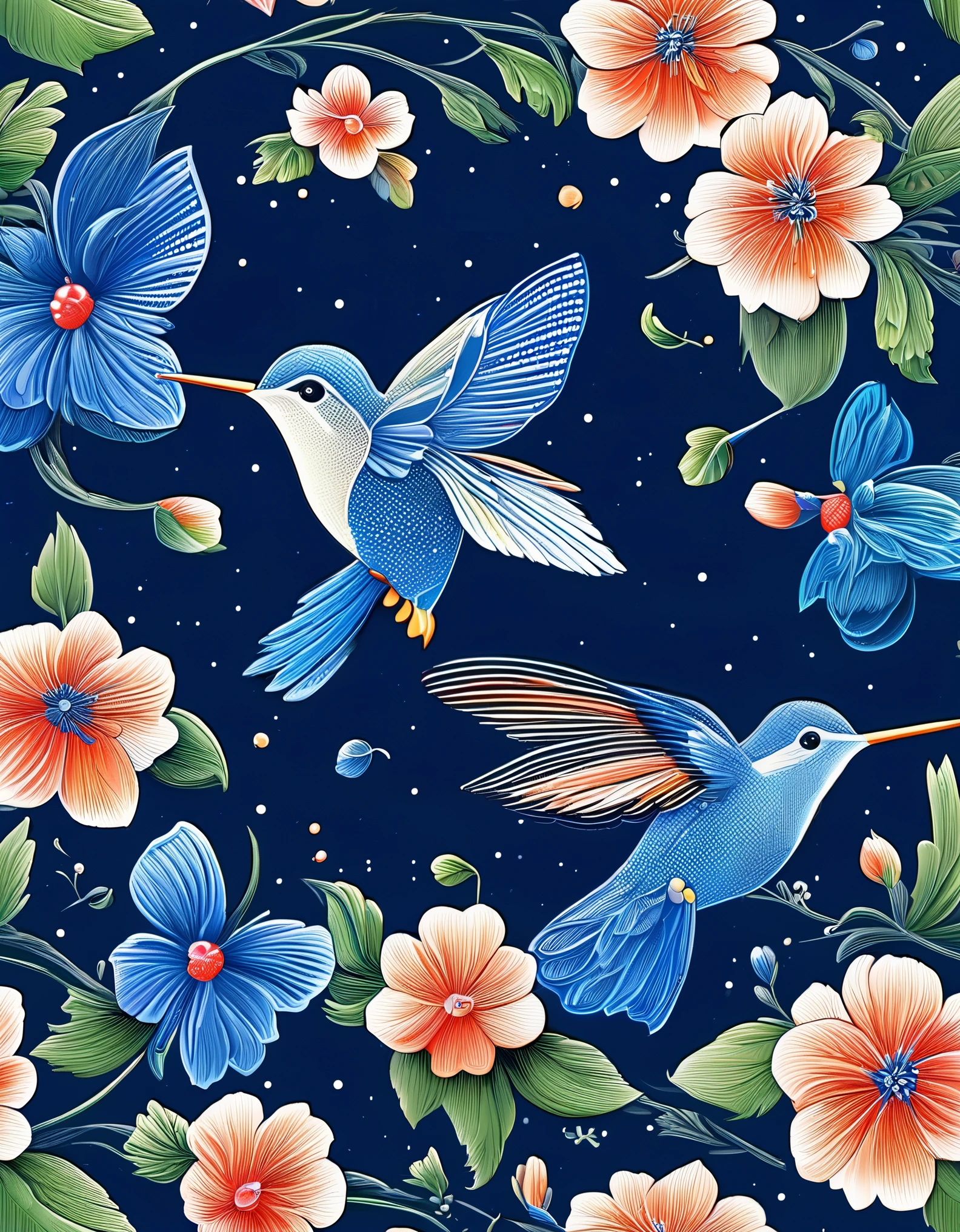 hummingbird，The art of dot painting，dot art，blue flower