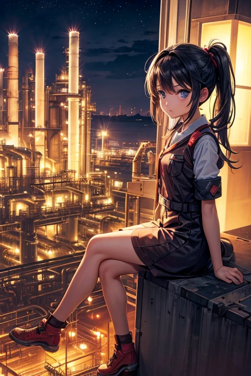 A girl sits atop the tower of petrochemical plant, at night,