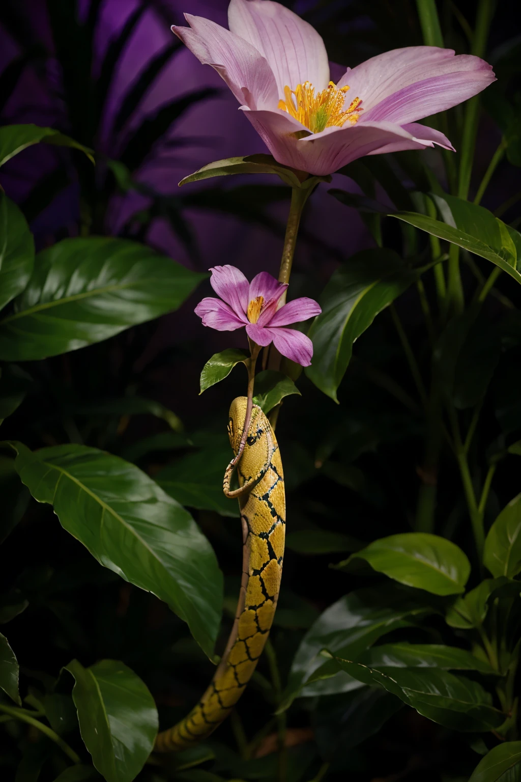 Create an image of a snake wrapped around a flower in the Amazon rainforest, com um fundo roxo e escuro.