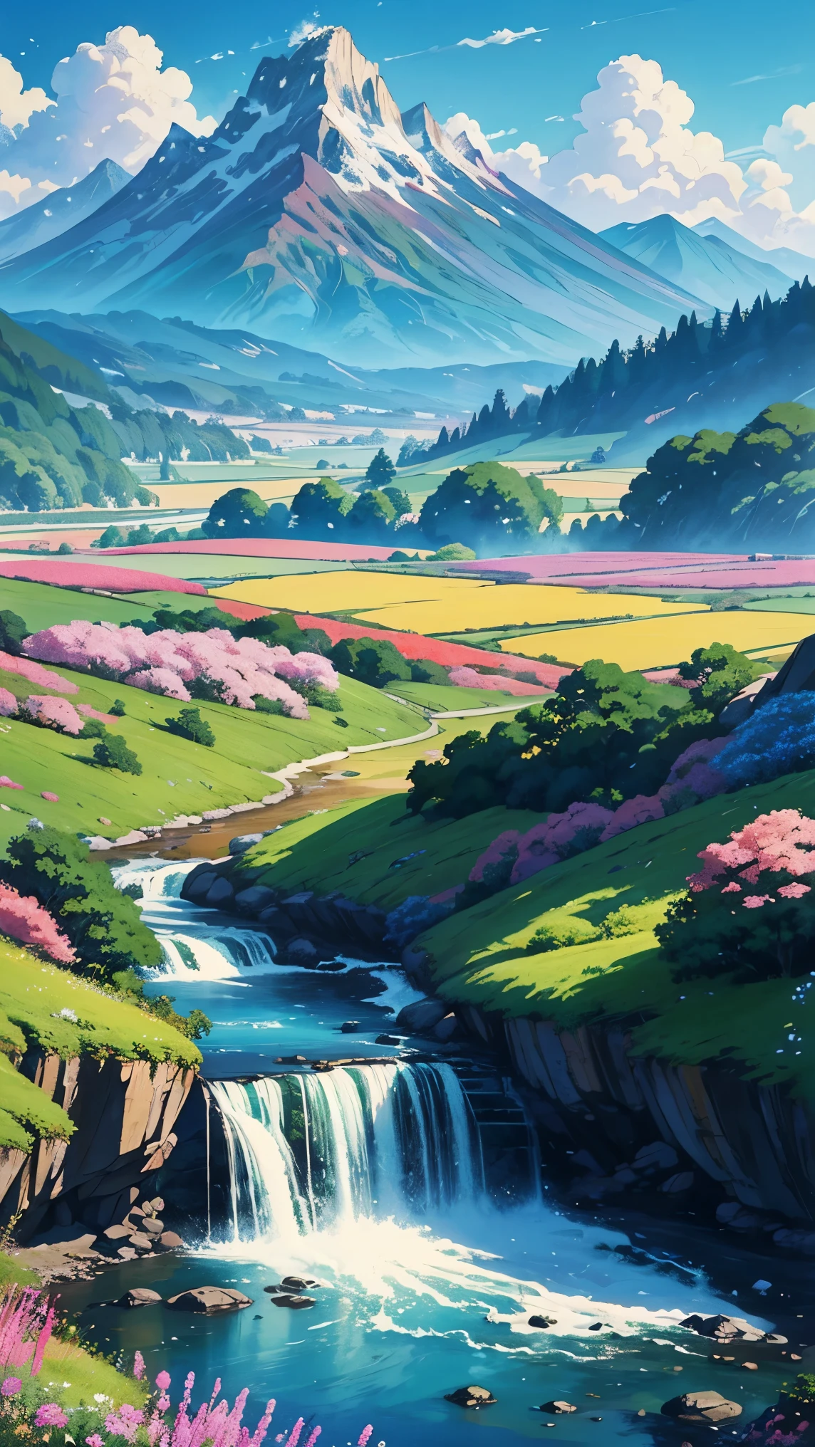 wood々It depicts a colorful landscape with plants and flowers., Vibrant gouache painting landscape, Colorful landscape painting, anime countryside scenery, bright landscape, scenic colorful environment, just a joke, anime scenery, anime background art, anime bella peace dinner, landscape art details, Beautiful art UHD 4K, 美しいanime scenery, colorful digital paintings, dream landscape, anime landscape wallpapers