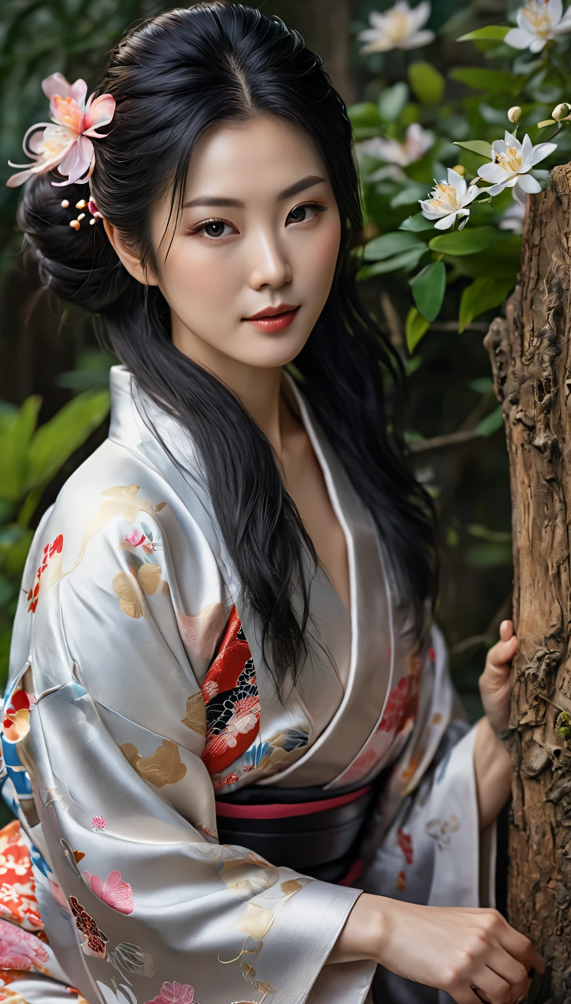 最high quality、high quality、best image quality、8k、最High resolution、High resolution、最high quality、masterpiece、RAW photo、whole body写真、Realistic human body in every detail、Realistic skin in every detail、Realistic face in every detail、Realistic eyes down to the details、Realistic lips in every detail、Realistic teeth in every detail、Realistic ears down to the last detail、Realistic hair down to the last detail、Realistic arms down to the last detail、Realistic reproduction of every detail、Realistic fingers in every detail、(fine hands、thumb1reference4)、Realistic feet in every detail、((beautiful japanese mature woman))、(japanese model), (japanese woman)、((40 year old mature woman))、(black hair)、(straight hair)、((whole body))、((beautiful upturned chest))、(slim style、slender style)、(whole body光沢肌、Fair skin)、Detailed and realistic human body、detailed realistic skin、detailed realistic face、detailed realistic arms、detailed realistic fingers、Detailed realistic feet、soft natural light、Maiko-san、geisha、kimono、Furisode、yukata、japanese traditional、Samurai Residence、Japanese garden、((shiny leather(セクシーなkimono))、((sit on a stump in the garden(Pose that makes your thighs look beautiful))、(angle from below)