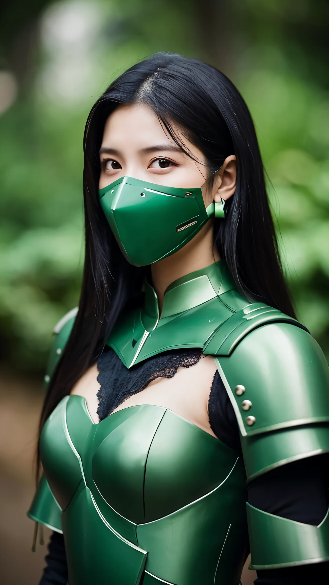 1女of子, armor, black_hair, blurry, blurry_background, blurry_prospect, chest, green_eye, closed_mouth, depth_of_field, earrings, jewelry, length_hair, looking for_in_viewer, smile, 一人in, upper_body