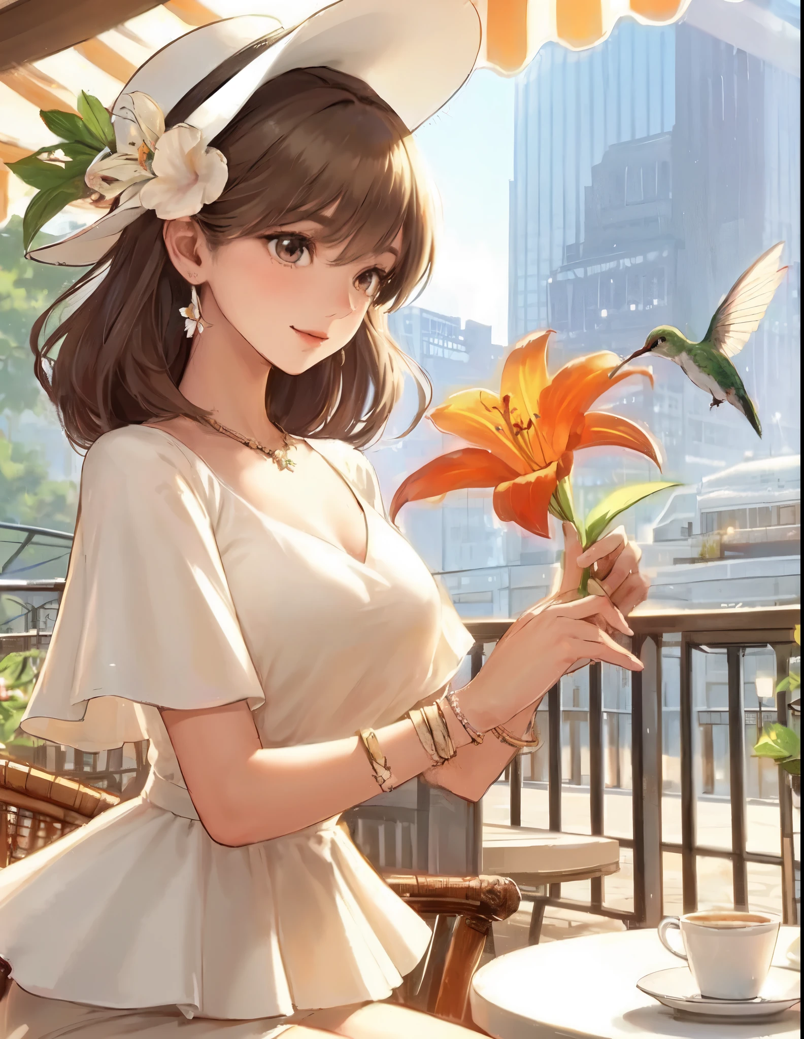 1lady solo, sitting at terrace seat, (gazing at hummingbird:1.2), (peplum) stylish outfit, mature female, /(light brown hair/) bangs, kind smile, (masterpiece best quality:1.2) (delicate illustration:1.1) ultra-detailed, large breasts BREAK ((hummingbird flying:1.2) nearby flower), (realistic hummingbird:1.1) BREAK (holding orange lily flower) BREAK (fashionable cafe terrace) outdoors, main street, noon, detailed background