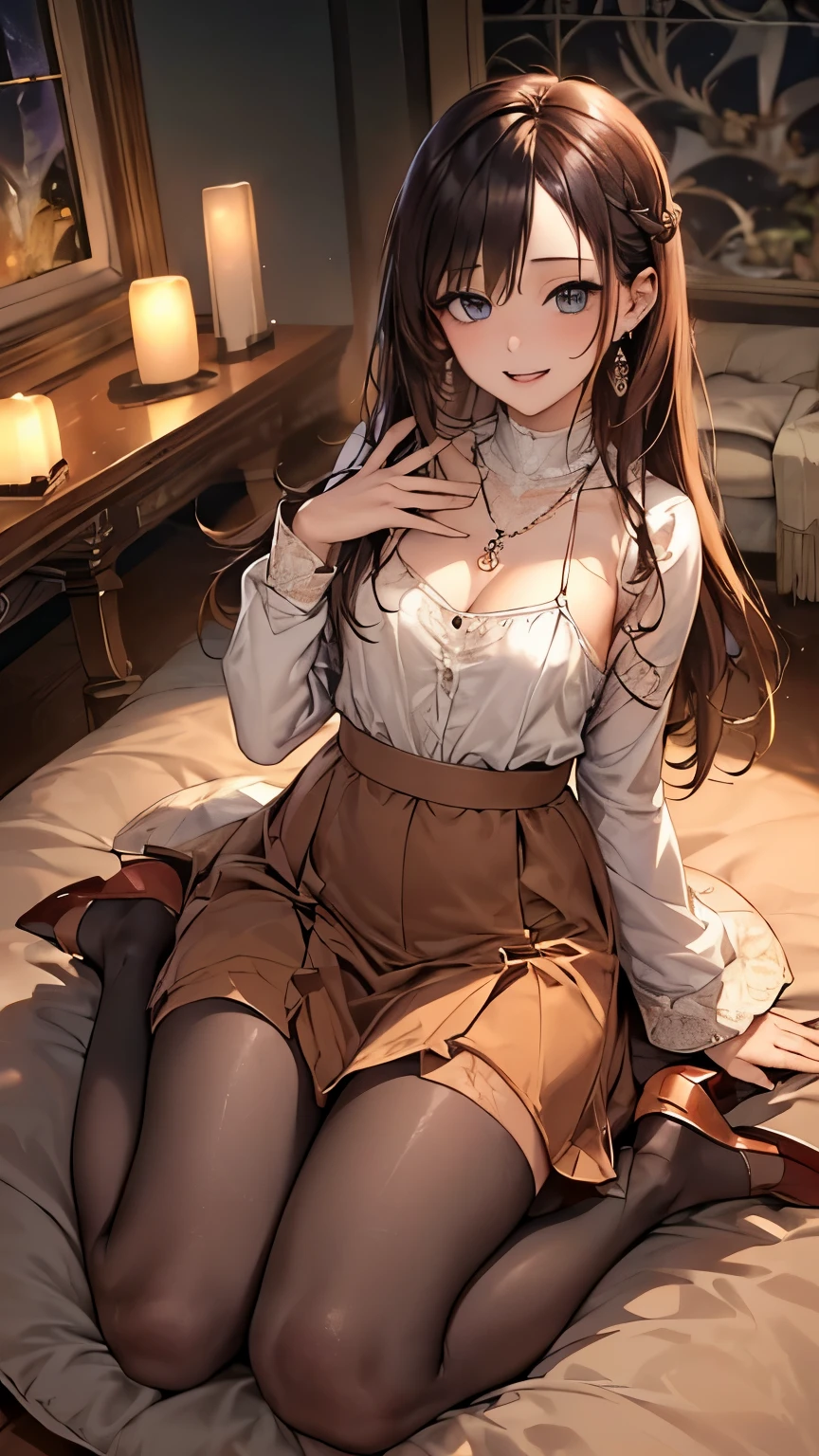 ((Biologically correct number of limbs、number of fingers))、((full body shot, Full body photo including face、head to toe photo))、[NSFW]、4K、masterpiece、((focus on the face))、((Symmetrical facial features))、Eyes of minute description、Beautiful woman、outstanding style、slender body、(small ass、thin thighs）、(smiling)、non sleeve、((long skirt))、double leg fishnet tights、(high heels）、Detailed depiction of faces、small earrings、necklace、Low - Angle、long shiny hair、(buckshot)、hair band、The background is stained class
